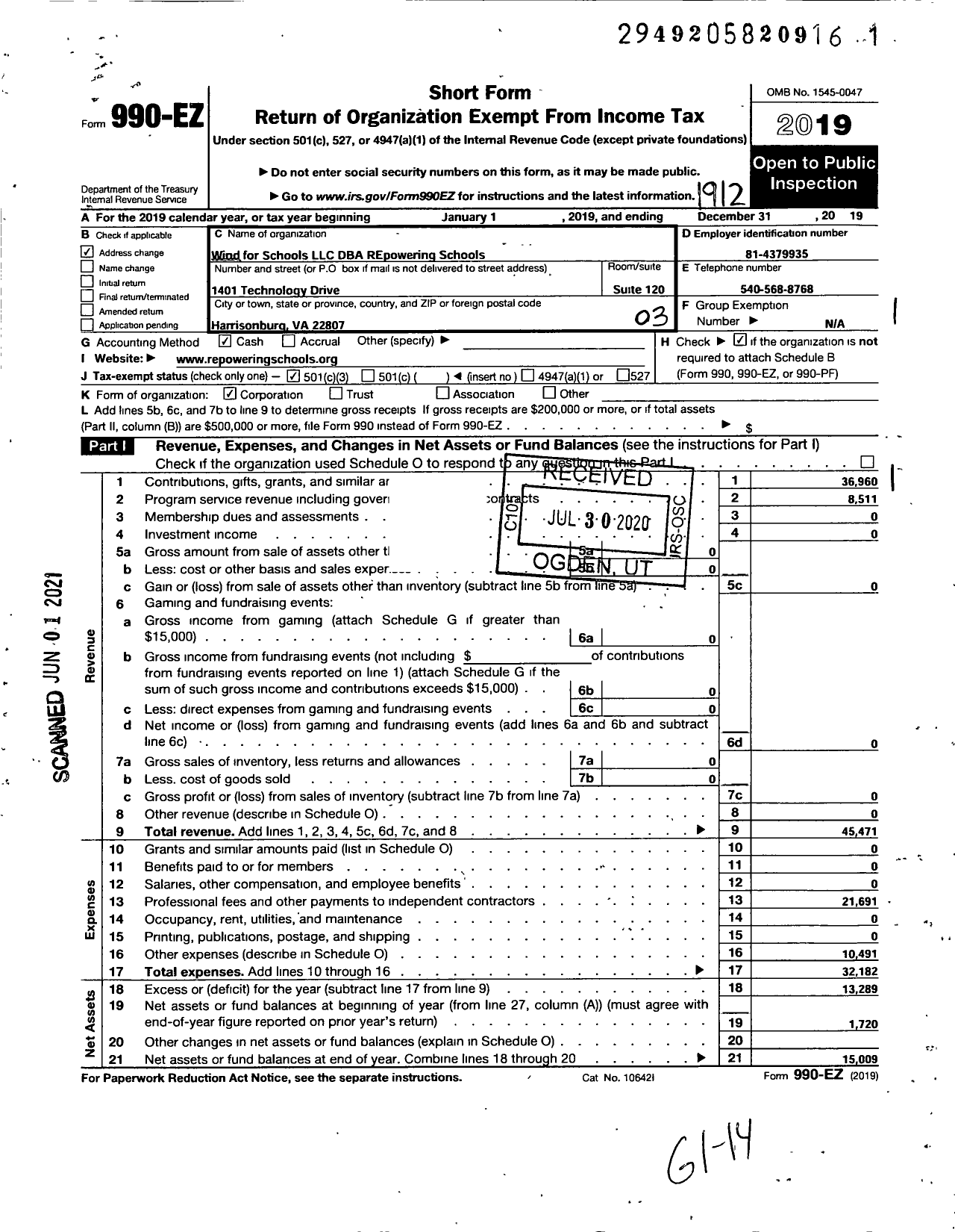 Image of first page of 2019 Form 990EZ for Repowering Schools