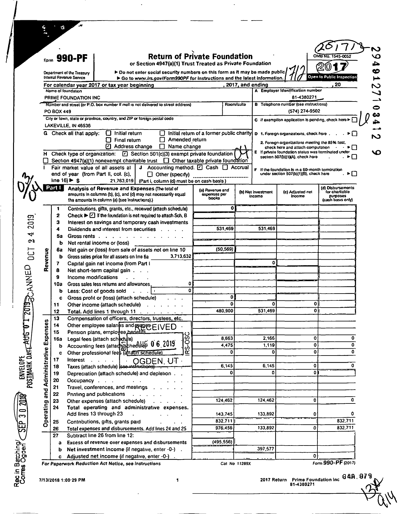 Image of first page of 2017 Form 990PF for Prime Foundation