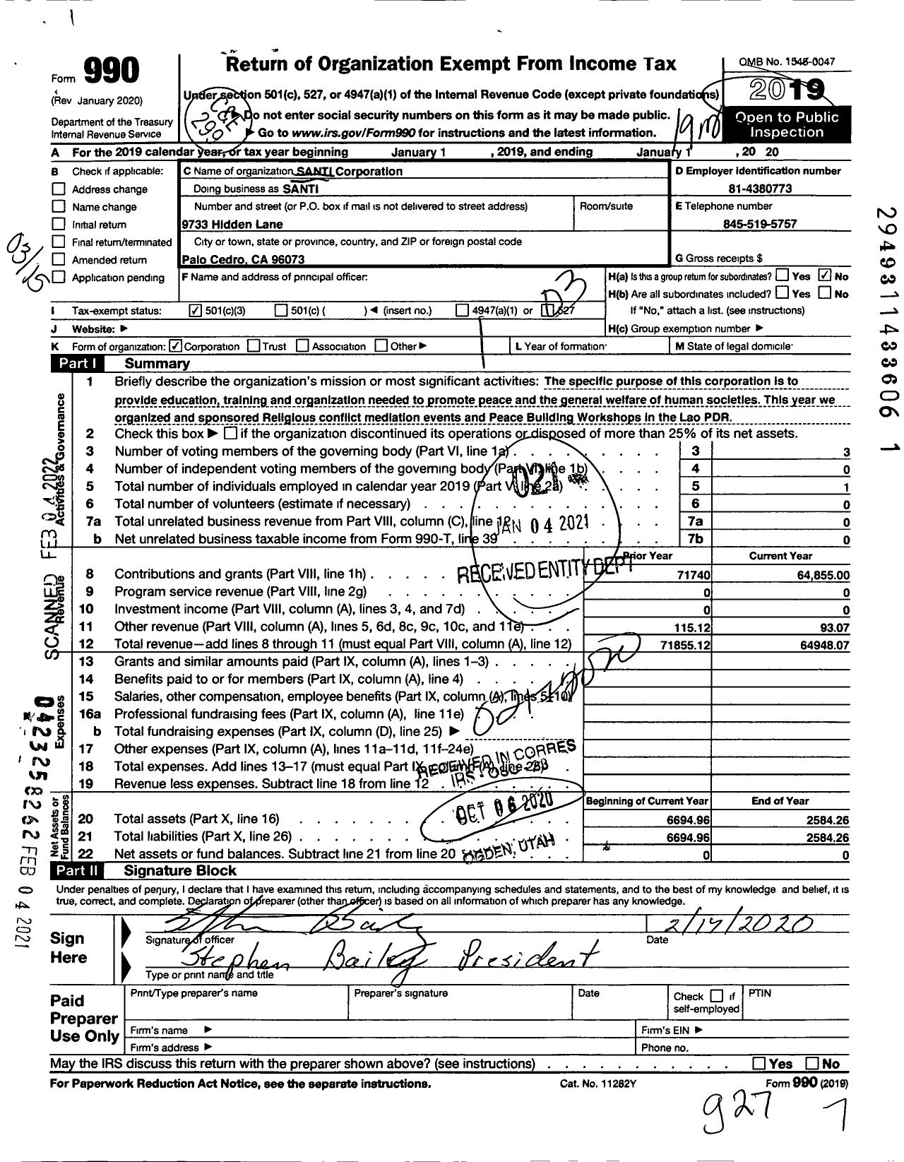 Image of first page of 2019 Form 990 for Santi Corporation