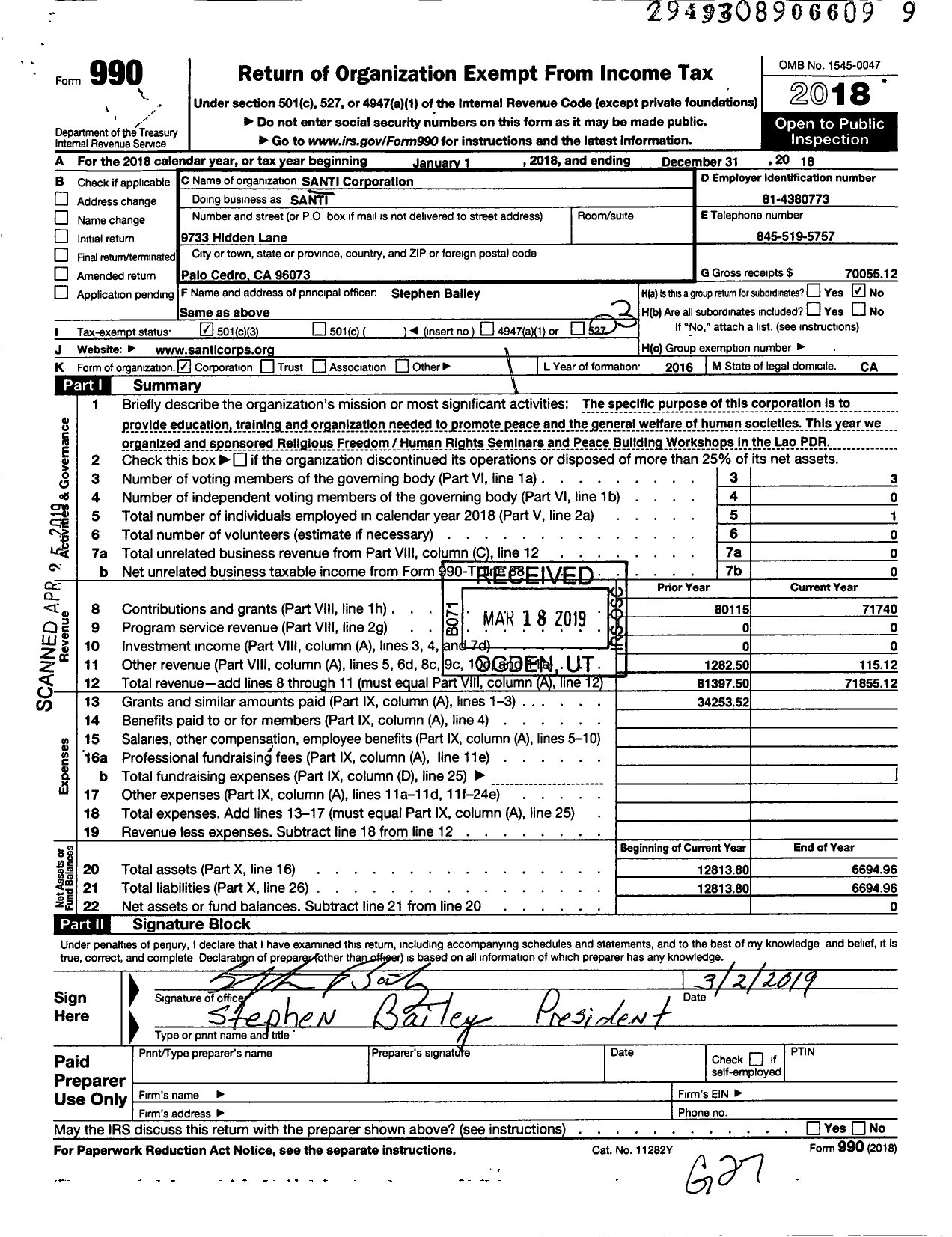 Image of first page of 2018 Form 990 for Santi Corporation