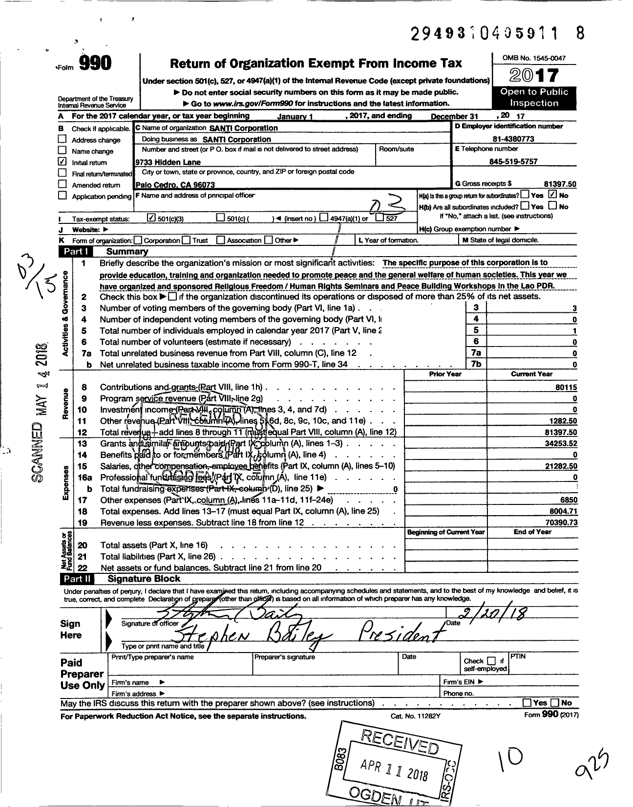 Image of first page of 2017 Form 990 for Santi Corporation