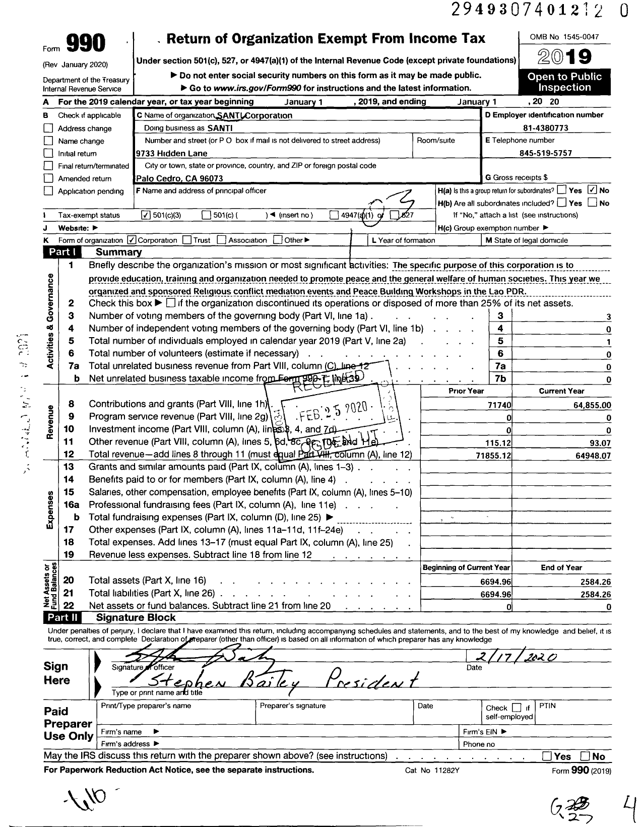 Image of first page of 2019 Form 990 for Santi Corporation