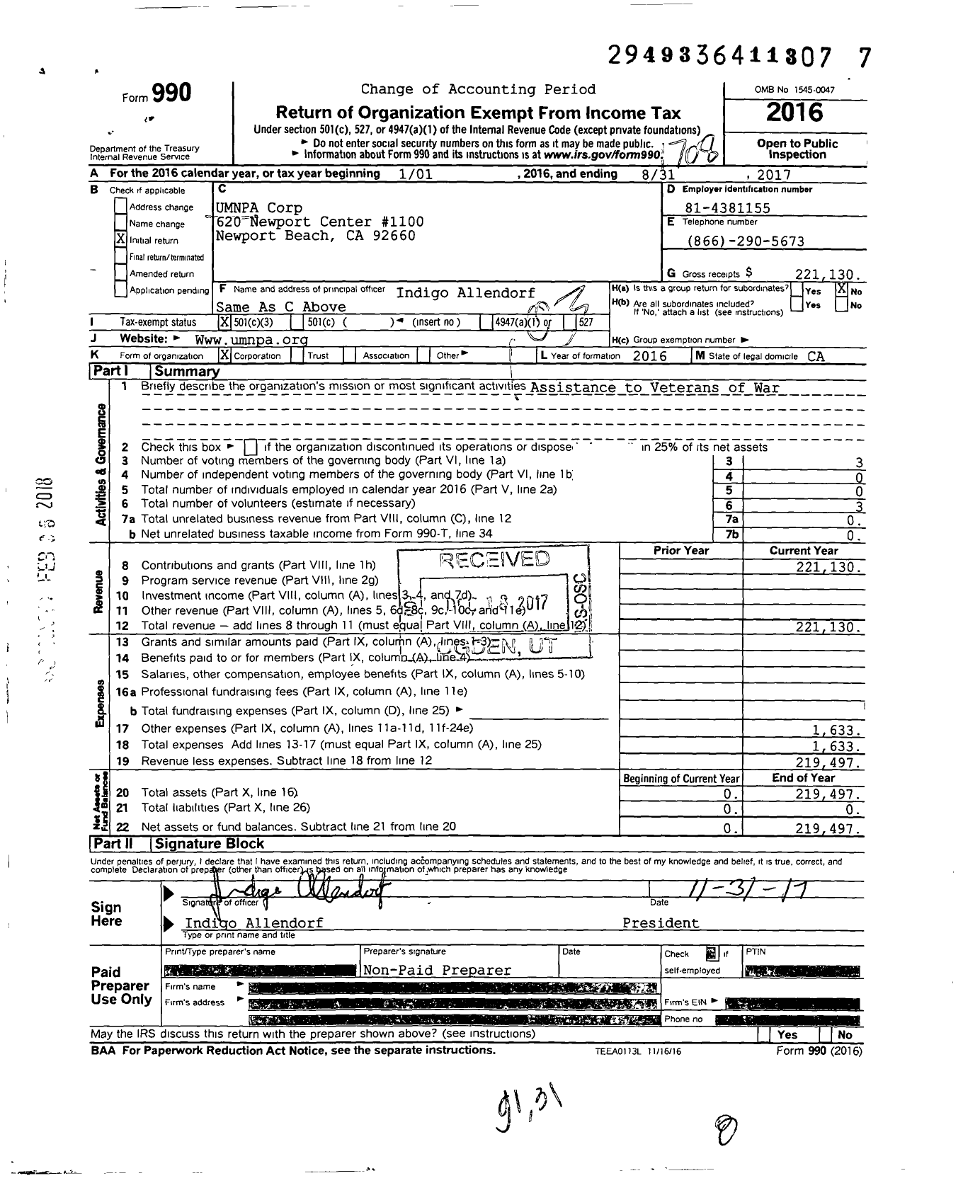 Image of first page of 2016 Form 990 for United Mission for Nonprofits of America