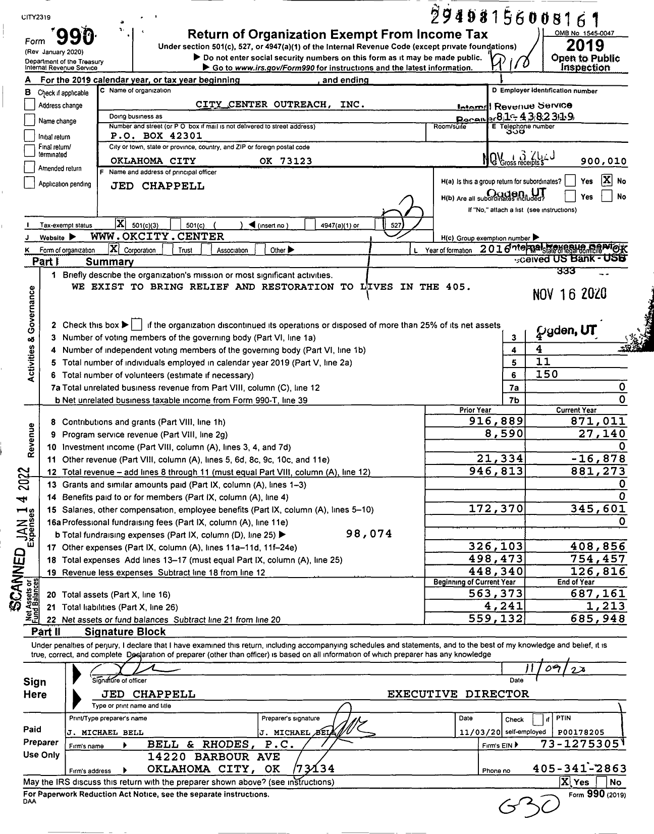 Image of first page of 2019 Form 990 for City Center Outreach