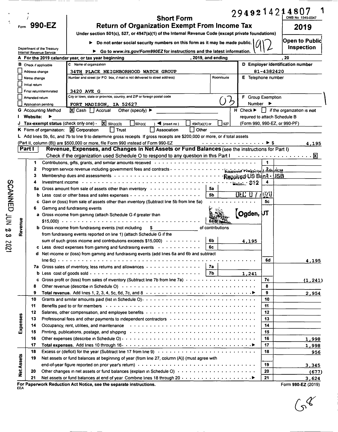 Image of first page of 2019 Form 990EZ for 34th Place Neighborhood Watch Group