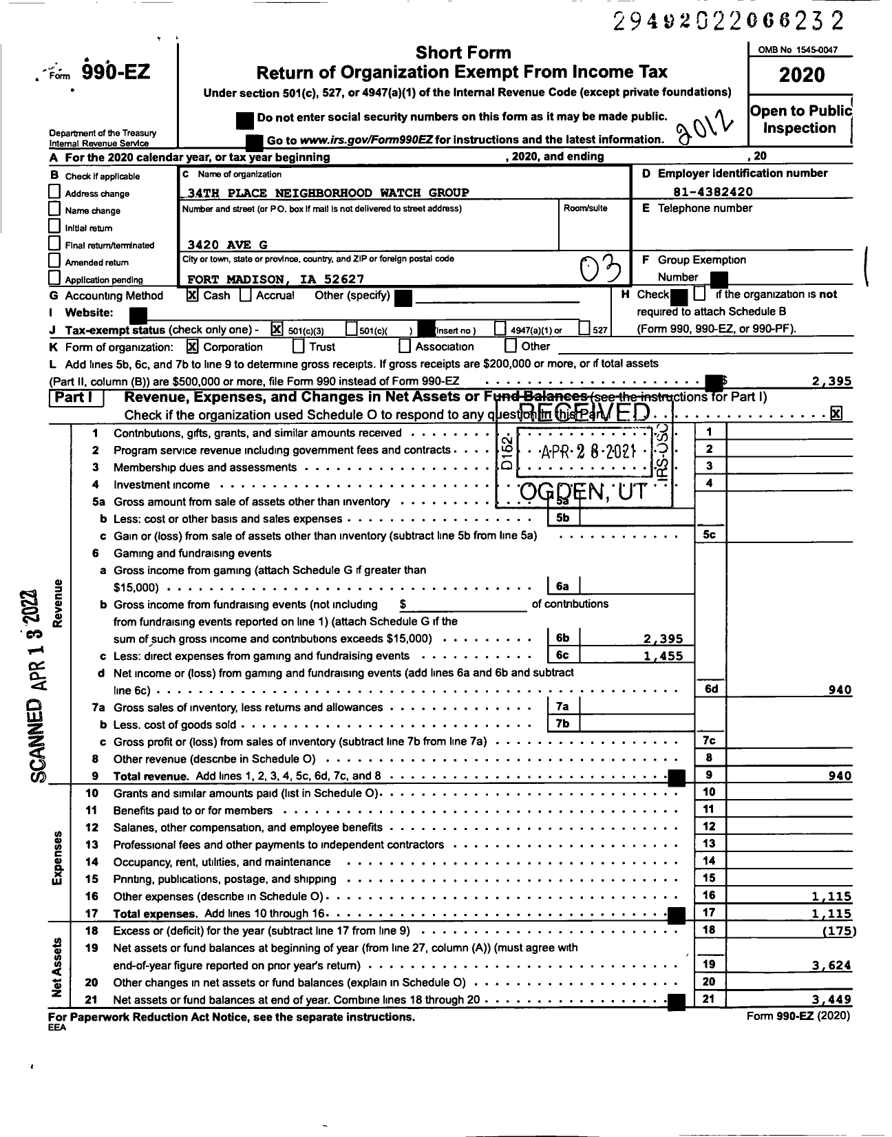 Image of first page of 2020 Form 990EZ for 34th Place Neighborhood Watch Group