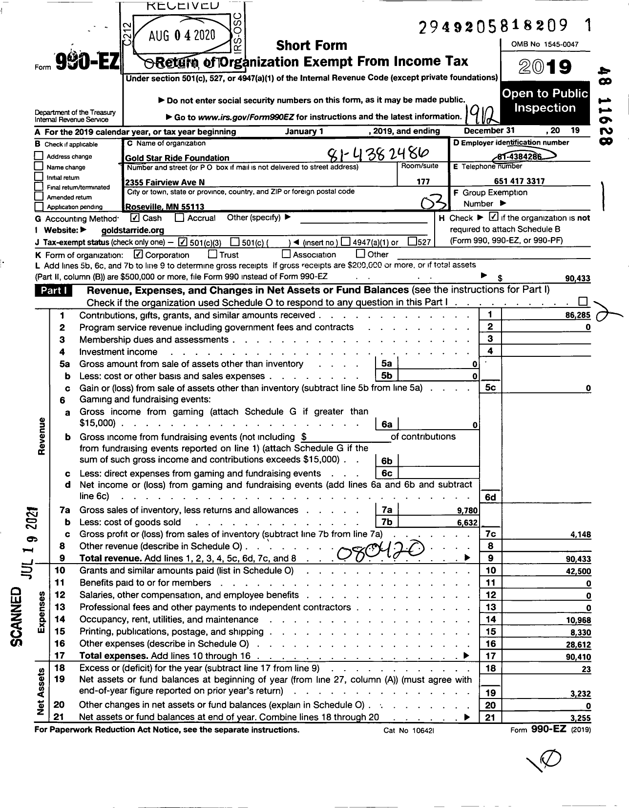 Image of first page of 2019 Form 990EZ for Gold Star Ride Foundation