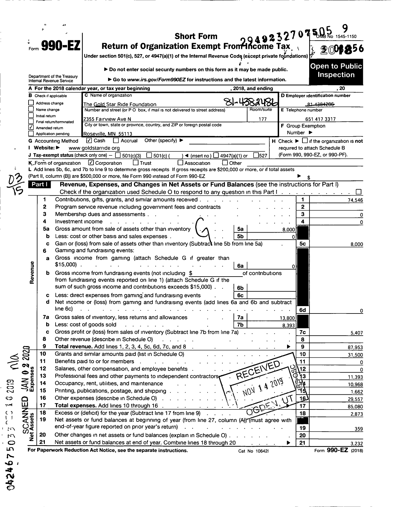 Image of first page of 2018 Form 990EZ for Gold Star Ride Foundation