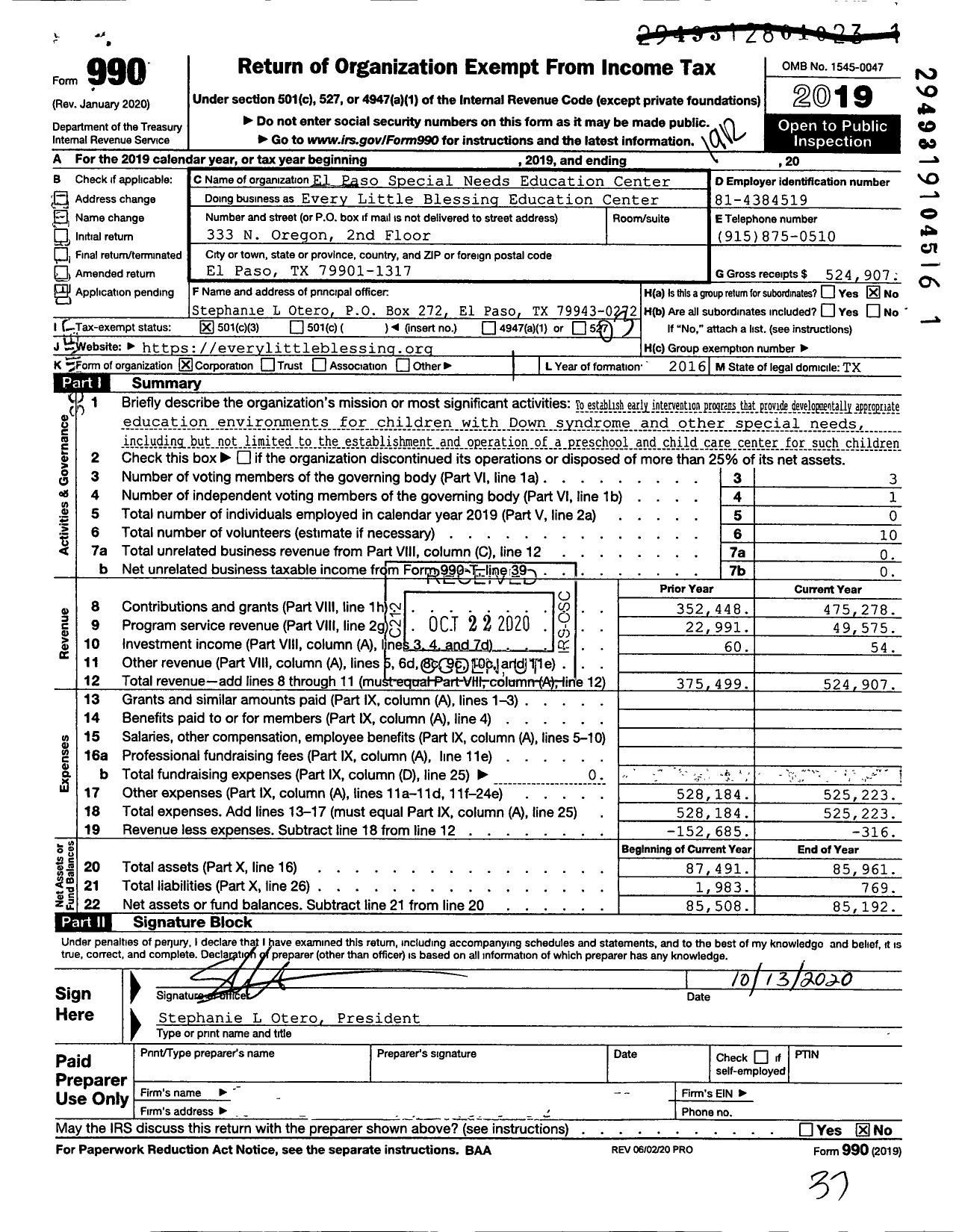 Image of first page of 2019 Form 990 for Every Little Blessing