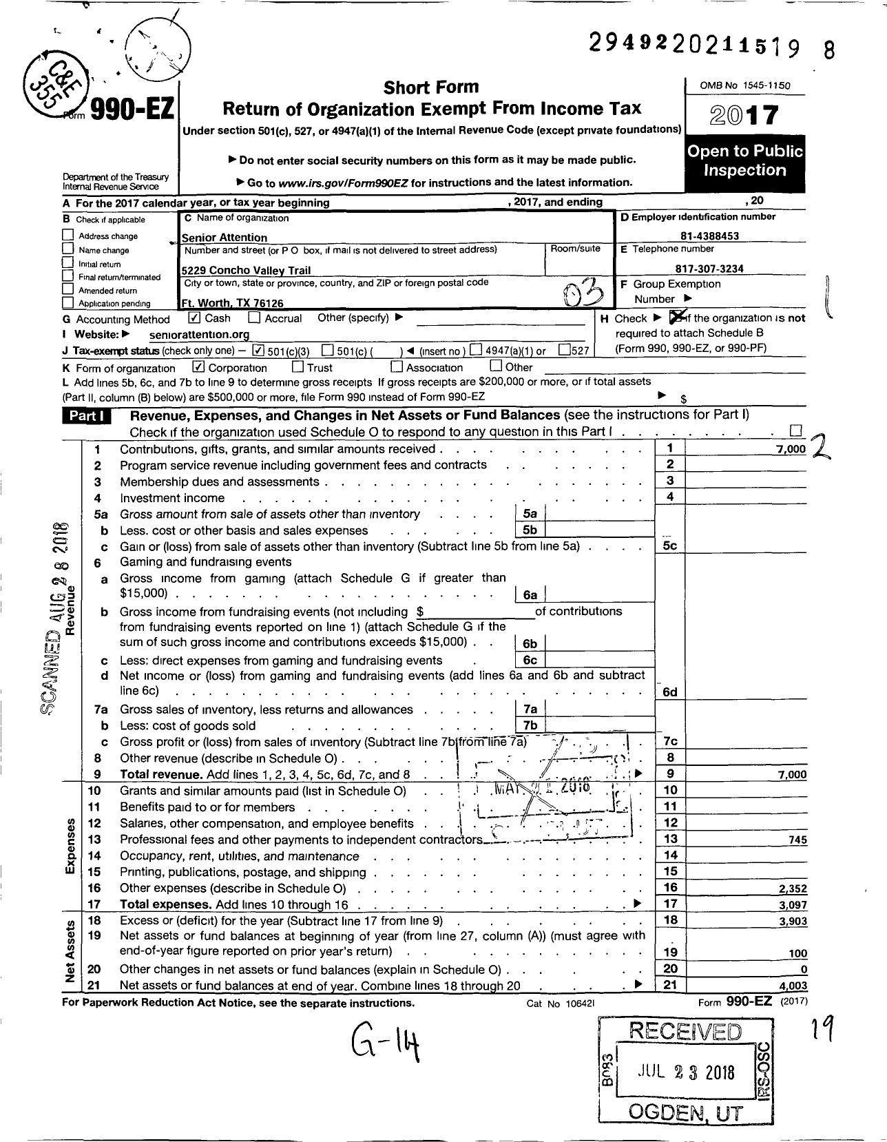 Image of first page of 2017 Form 990EZ for Senior Attention