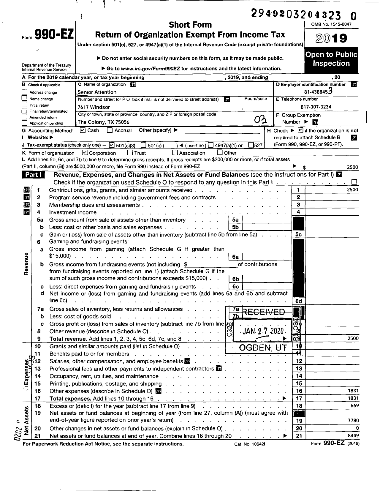 Image of first page of 2019 Form 990EZ for Senior Attention