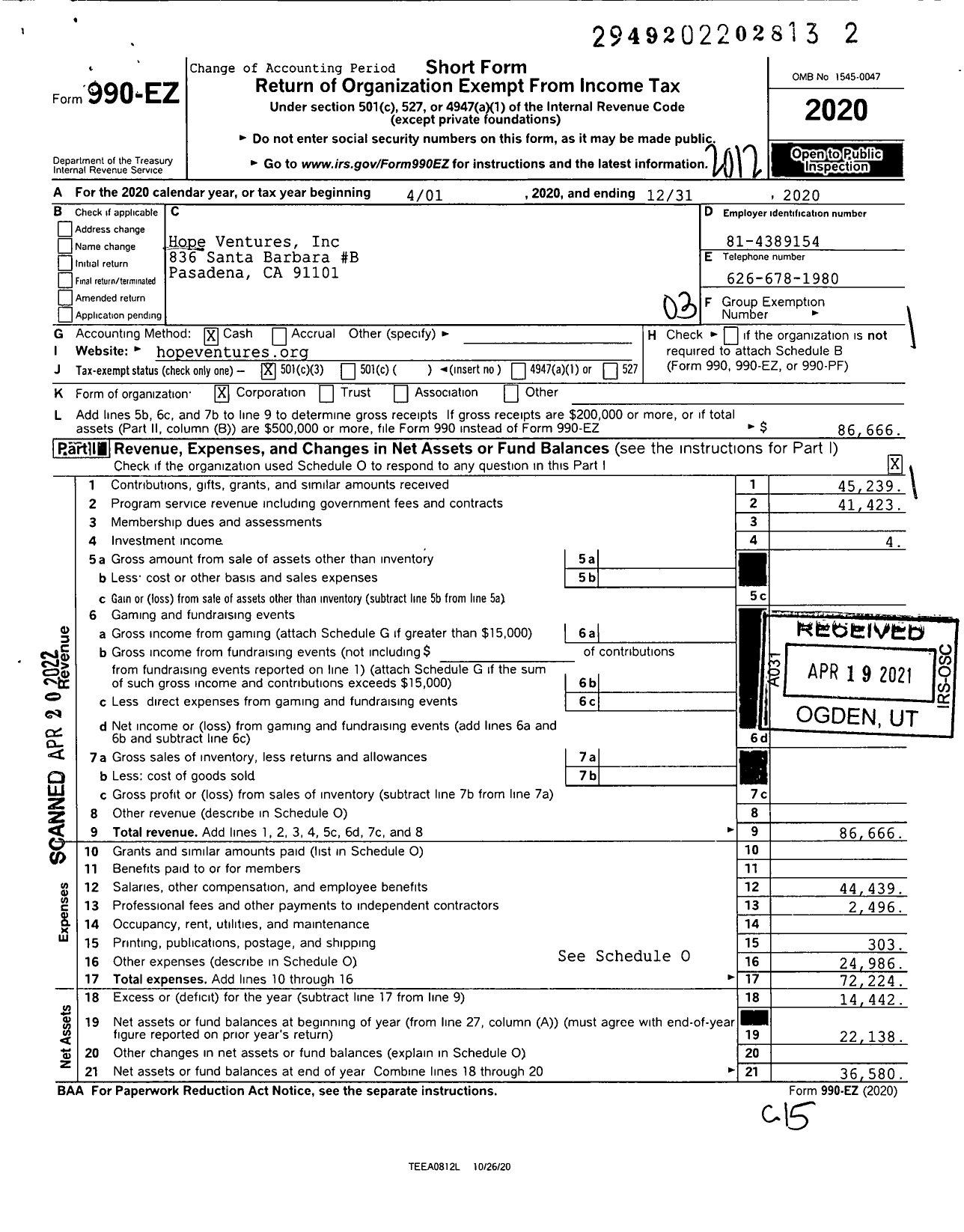 Image of first page of 2020 Form 990EZ for Hope Ventures