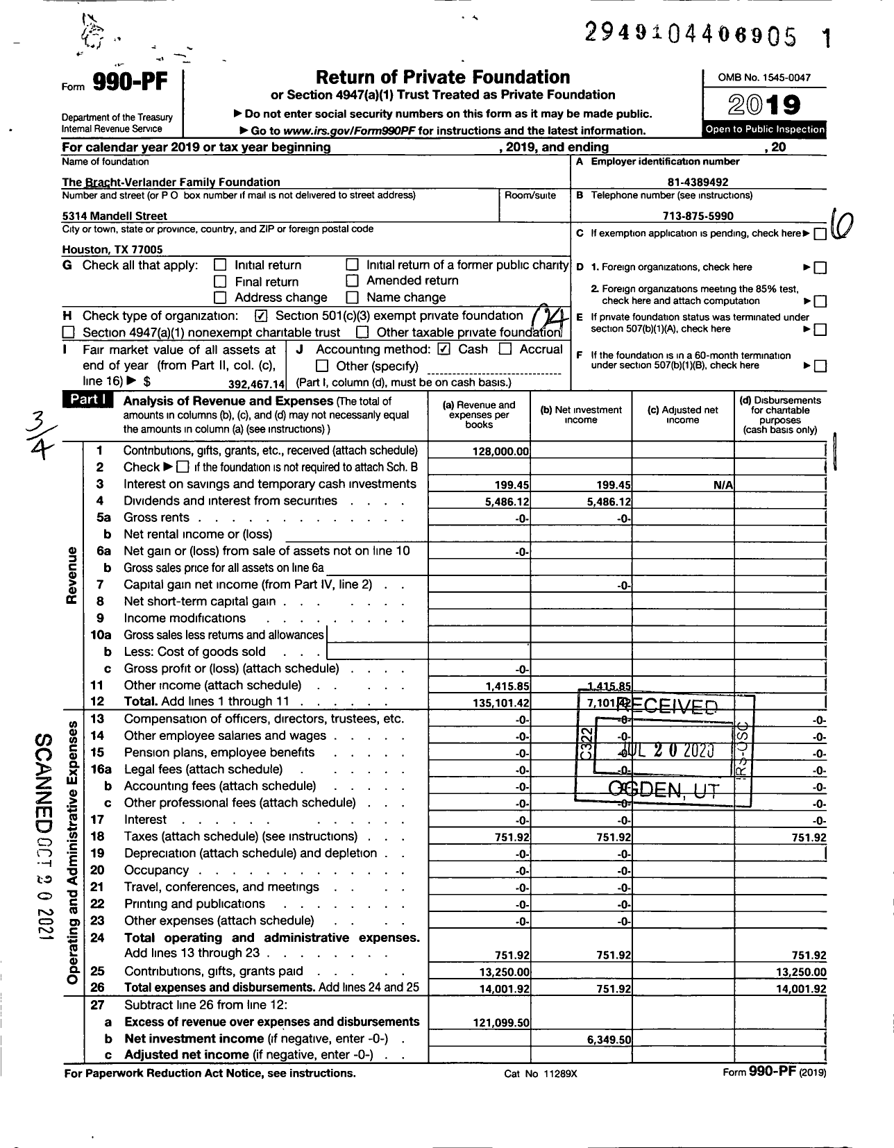 Image of first page of 2019 Form 990PF for Bracht-Verlander Family Foundation