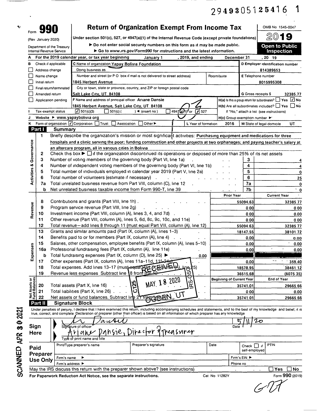 Image of first page of 2019 Form 990 for Yapay Bolivia Foundation