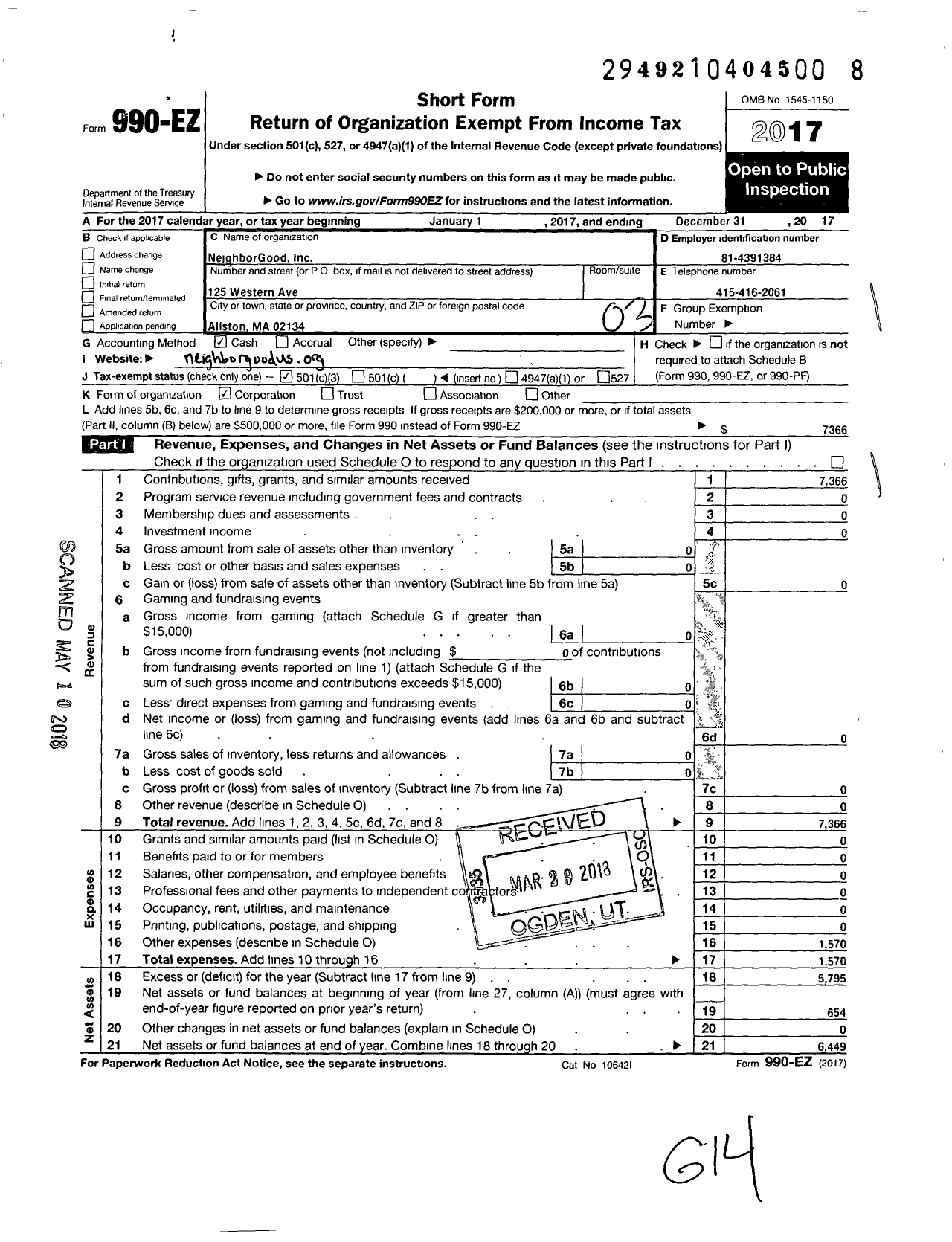 Image of first page of 2017 Form 990EZ for Neighborgood