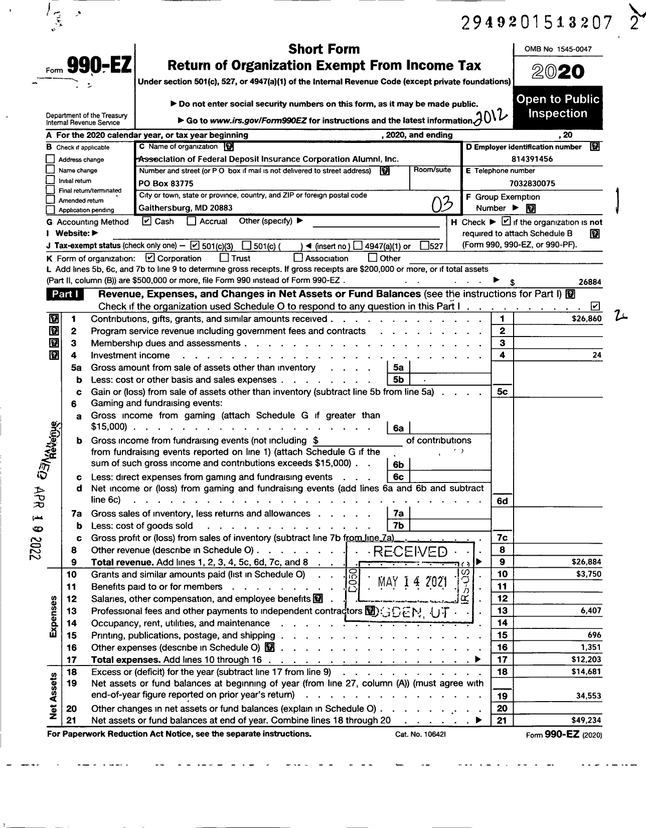 Image of first page of 2020 Form 990EZ for Association of Federal Deposit Insurance Corporation Alumni