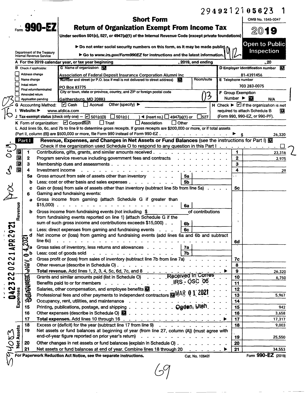 Image of first page of 2019 Form 990EZ for Association of Federal Deposit Insurance Corporation Alumni