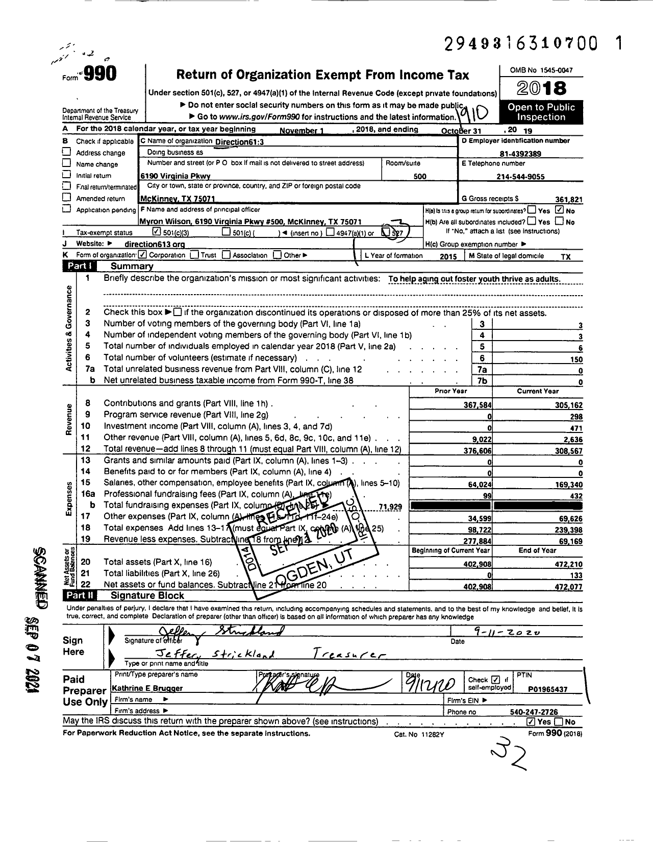 Image of first page of 2018 Form 990 for Direction613