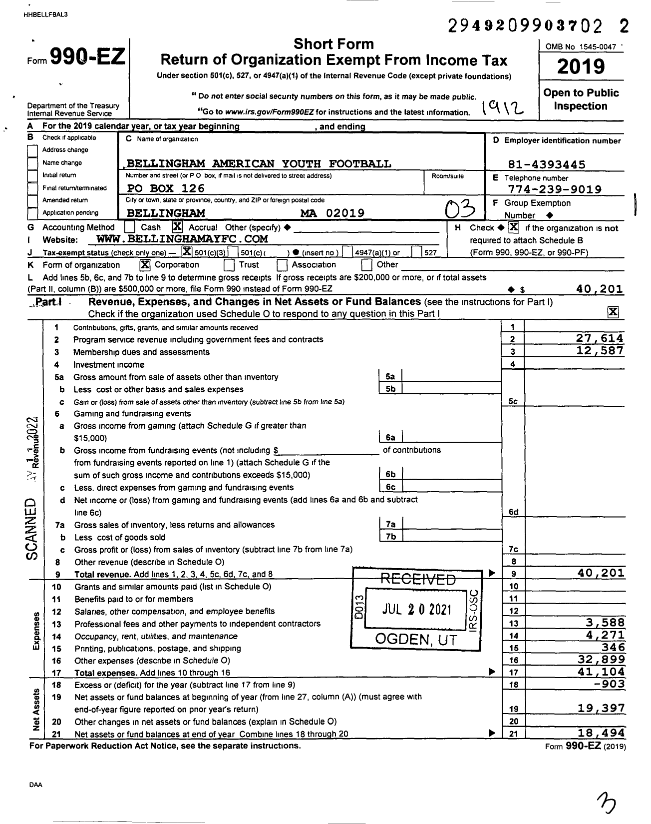 Image of first page of 2019 Form 990EZ for Bellingham American Youth Football and Cheer