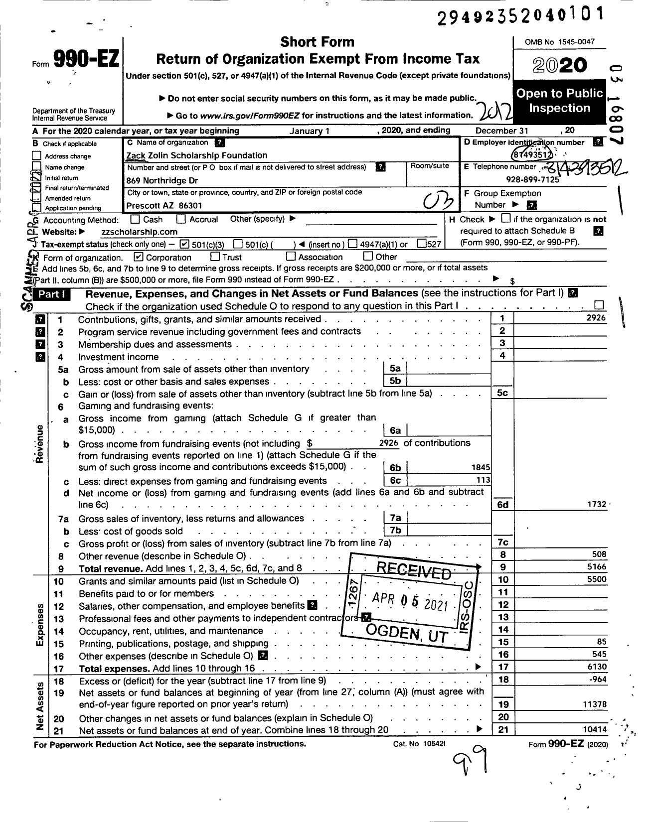 Image of first page of 2020 Form 990EZ for Zack Zolin Scholarship Foundation