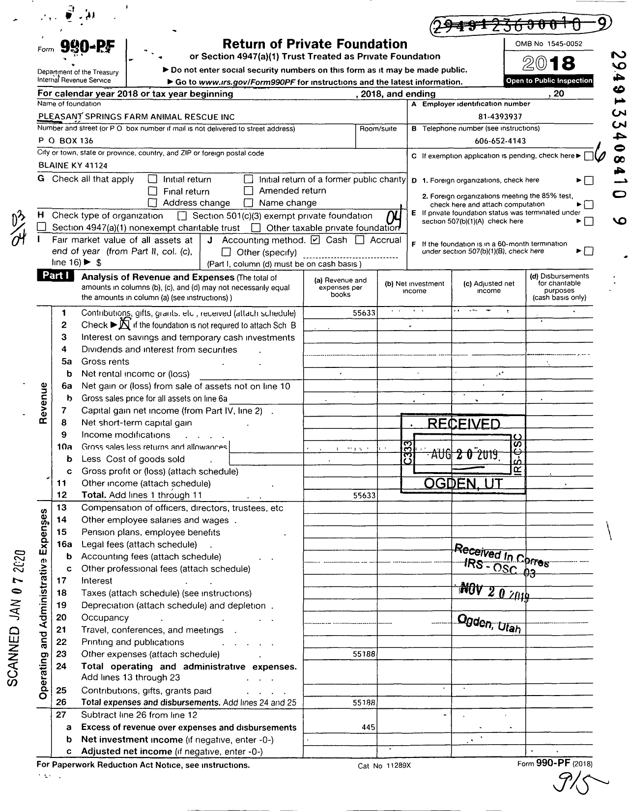 Image of first page of 2018 Form 990PF for Pleasant Springs Farm Animal Rescue