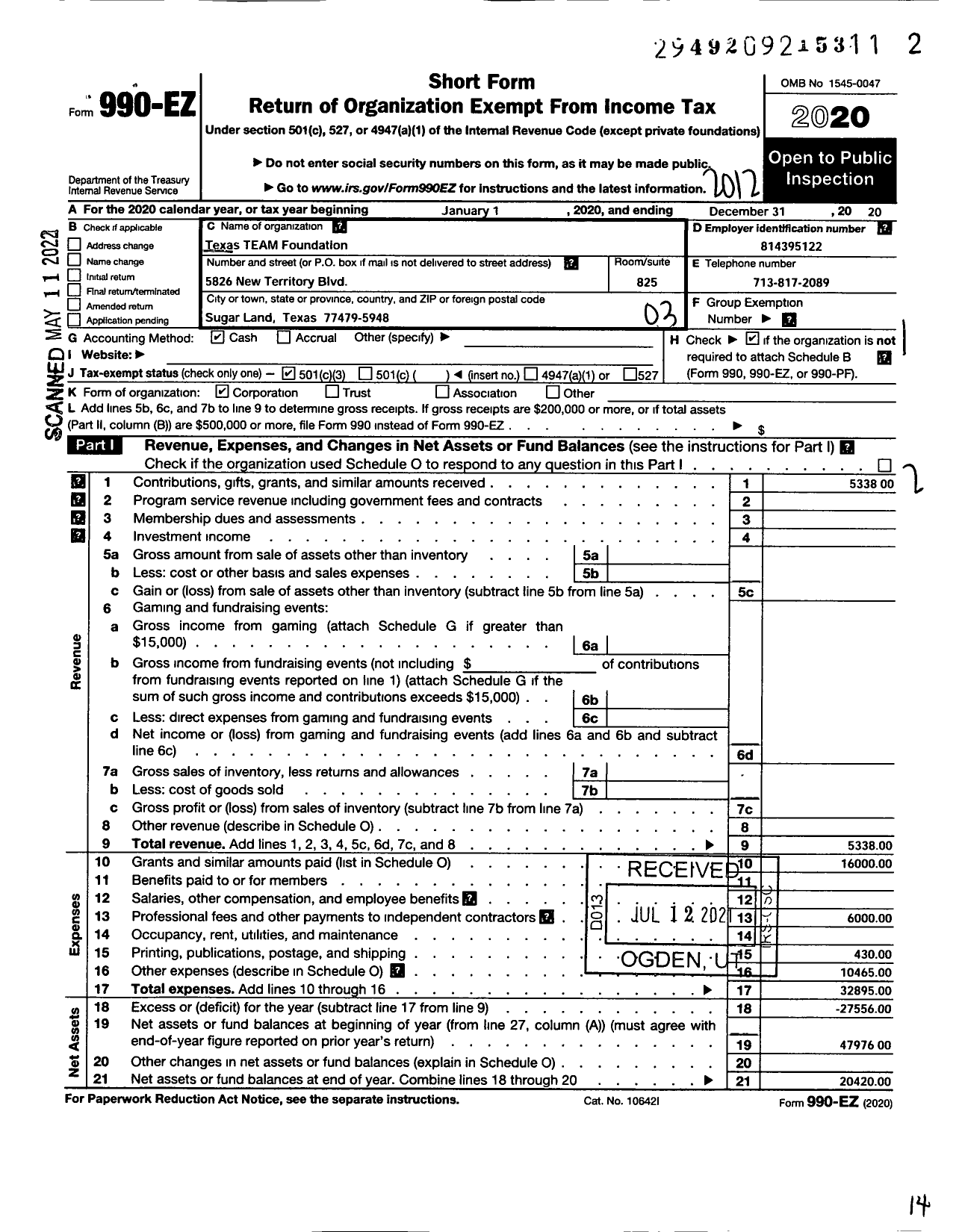 Image of first page of 2020 Form 990EZ for Texas Team Foundation