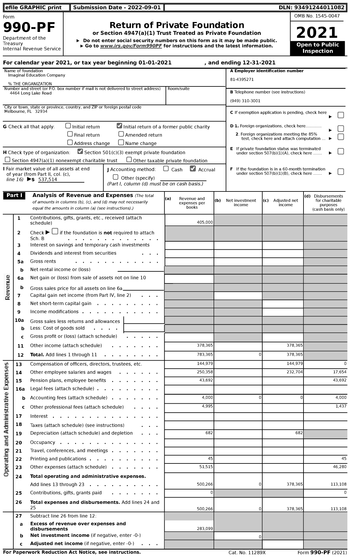 Image of first page of 2021 Form 990PF for Imaginal Education Company