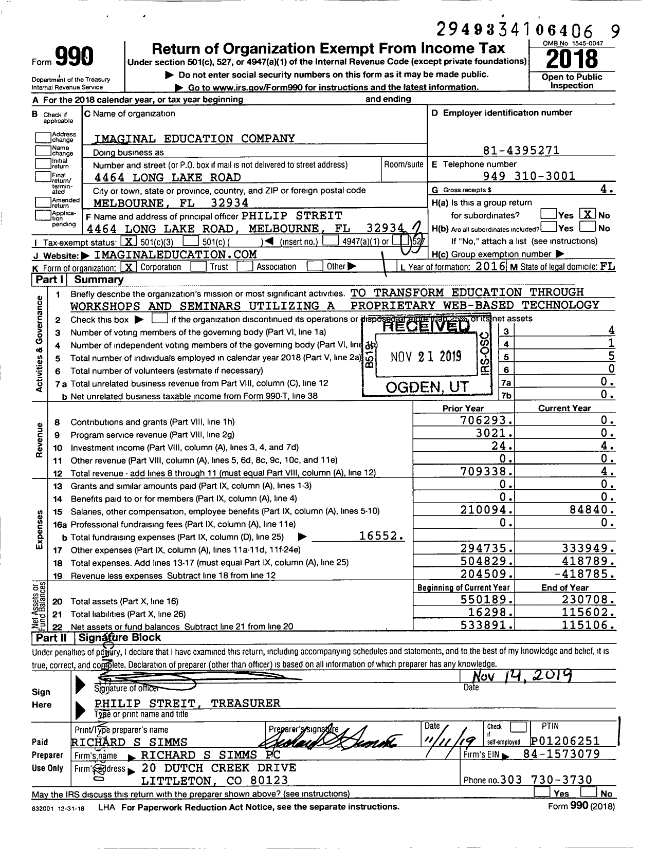 Image of first page of 2018 Form 990 for Imaginal Education Company