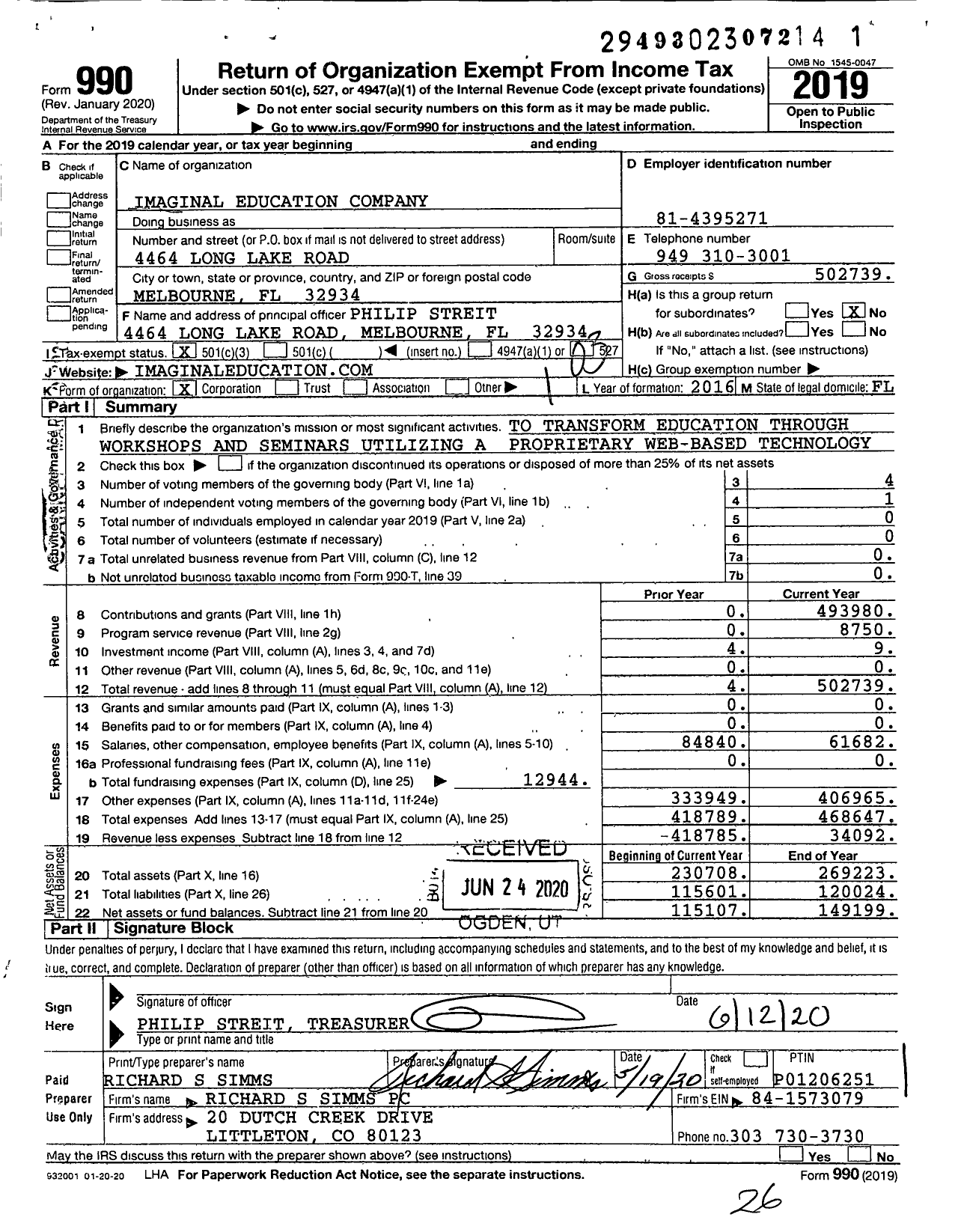 Image of first page of 2019 Form 990 for Imaginal Education Company