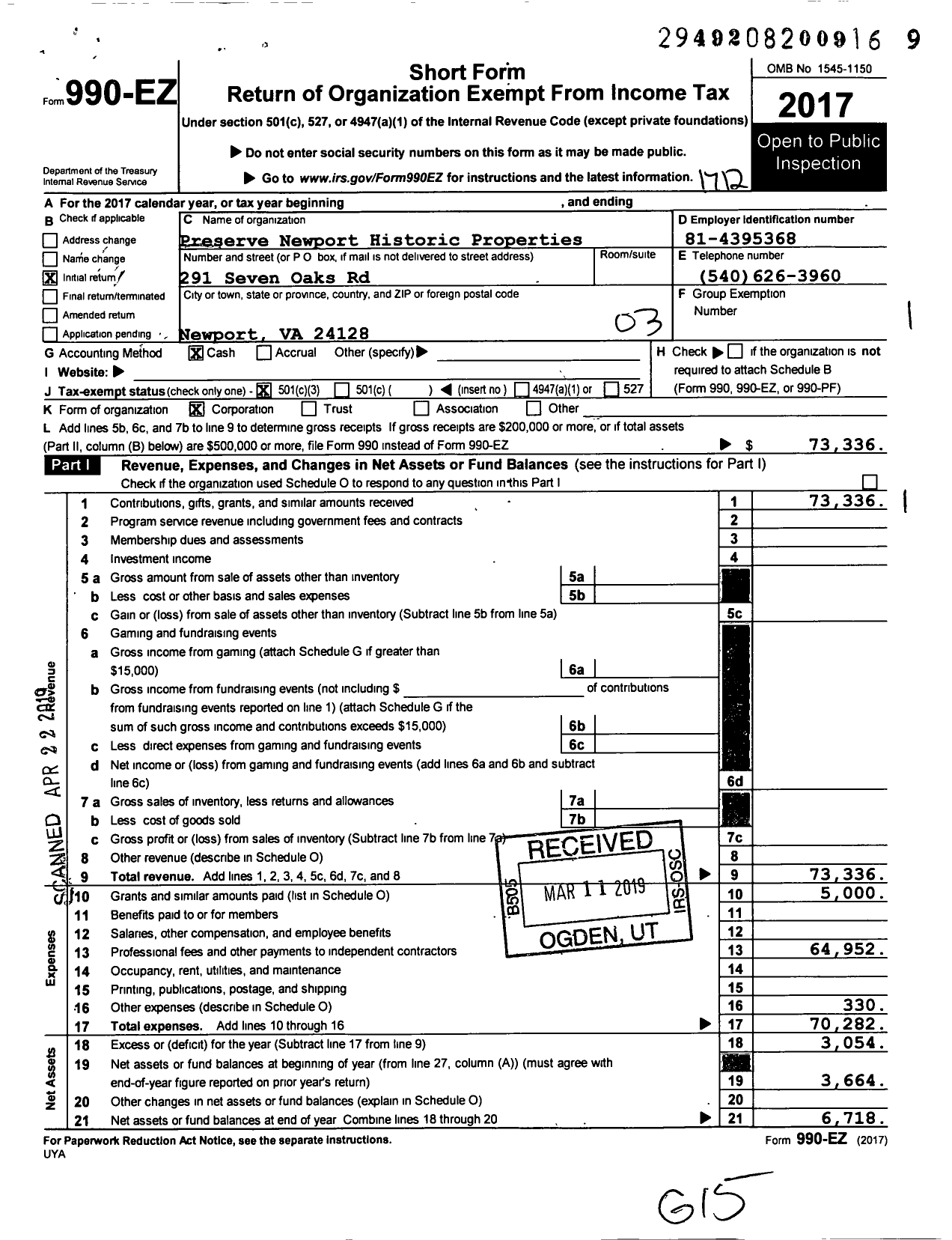 Image of first page of 2017 Form 990EZ for Preserve Newport Historic Properties