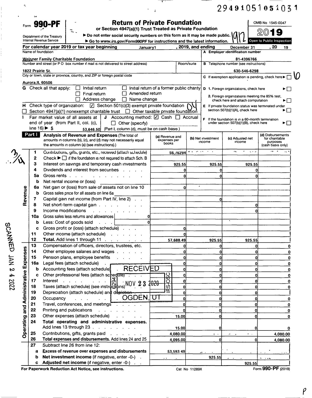 Image of first page of 2019 Form 990PF for Weisner Family Charitable