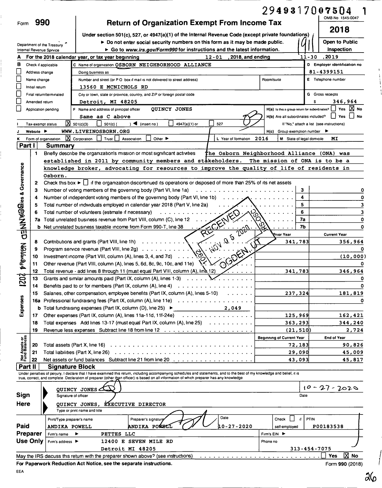 Image of first page of 2018 Form 990 for Osborn Neighborhood Alliance