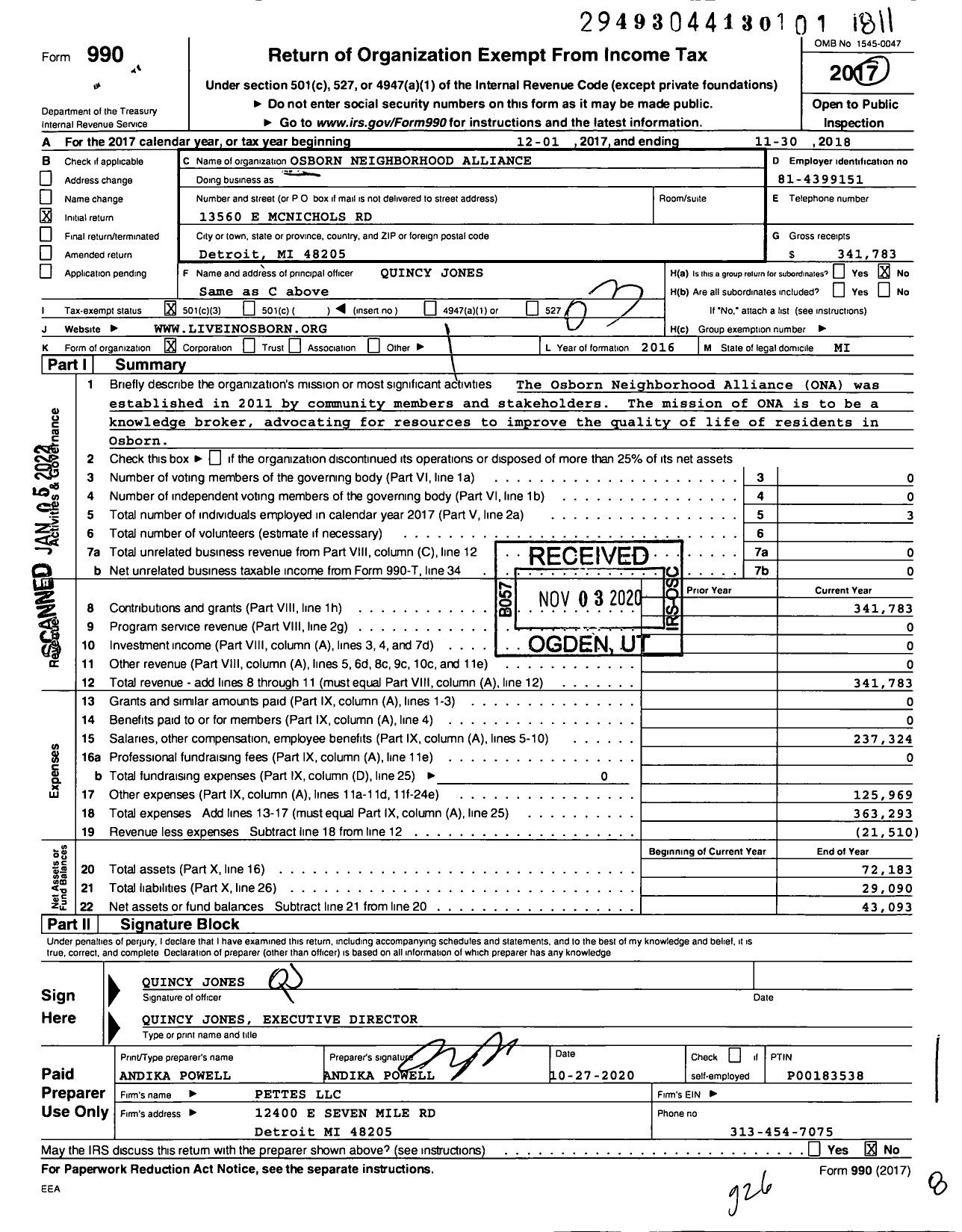 Image of first page of 2017 Form 990 for Osborn Neighborhood Alliance