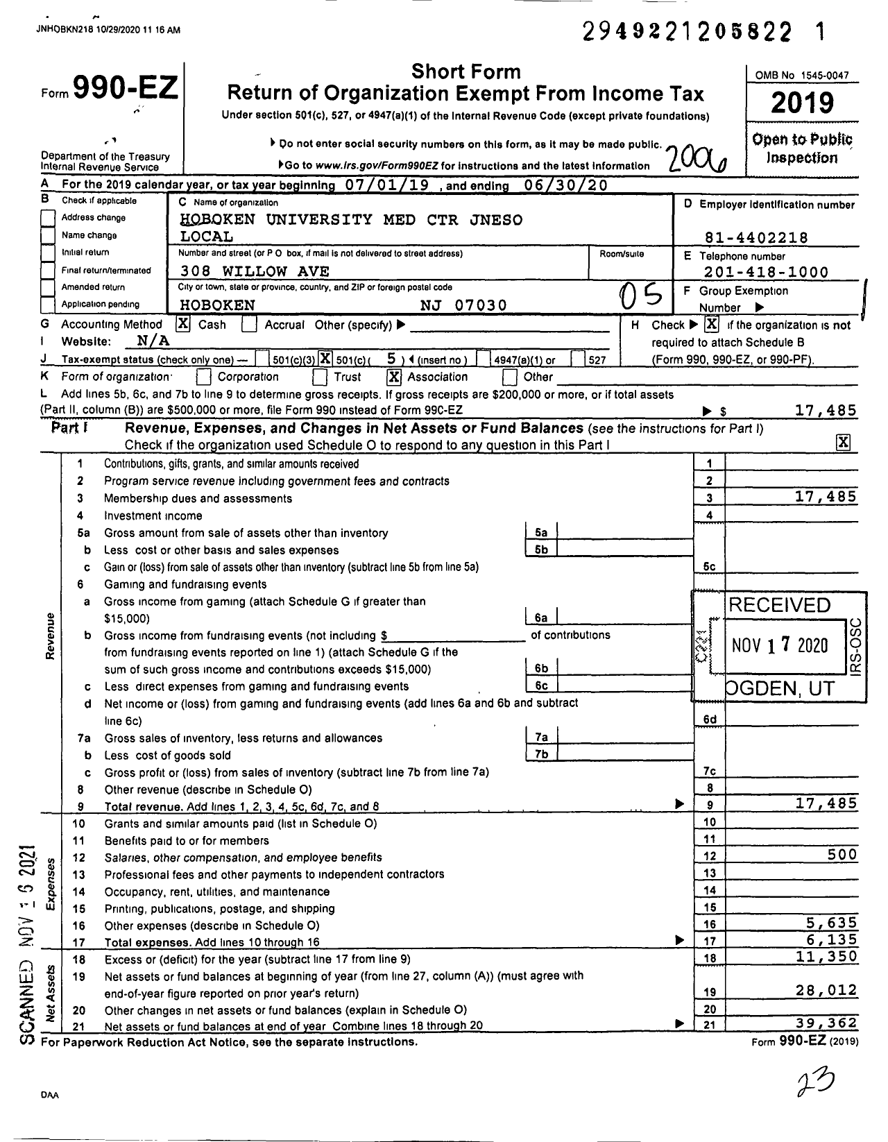 Image of first page of 2019 Form 990EO for Hoboken University Med Center Jneso Local