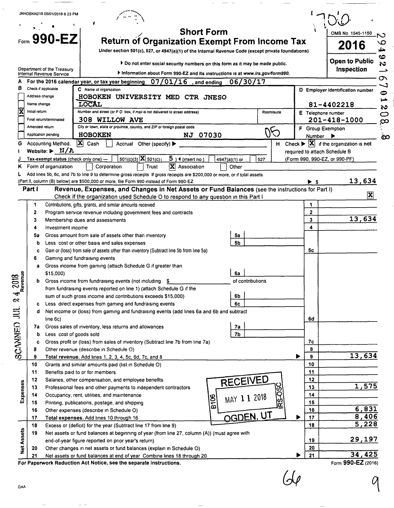 Image of first page of 2016 Form 990EO for Hoboken University Med Center Jneso Local