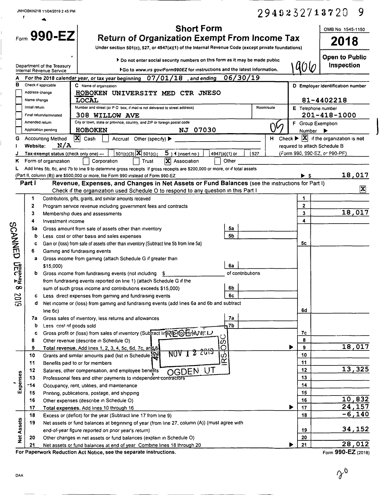 Image of first page of 2018 Form 990EO for Hoboken University Med Center Jneso Local