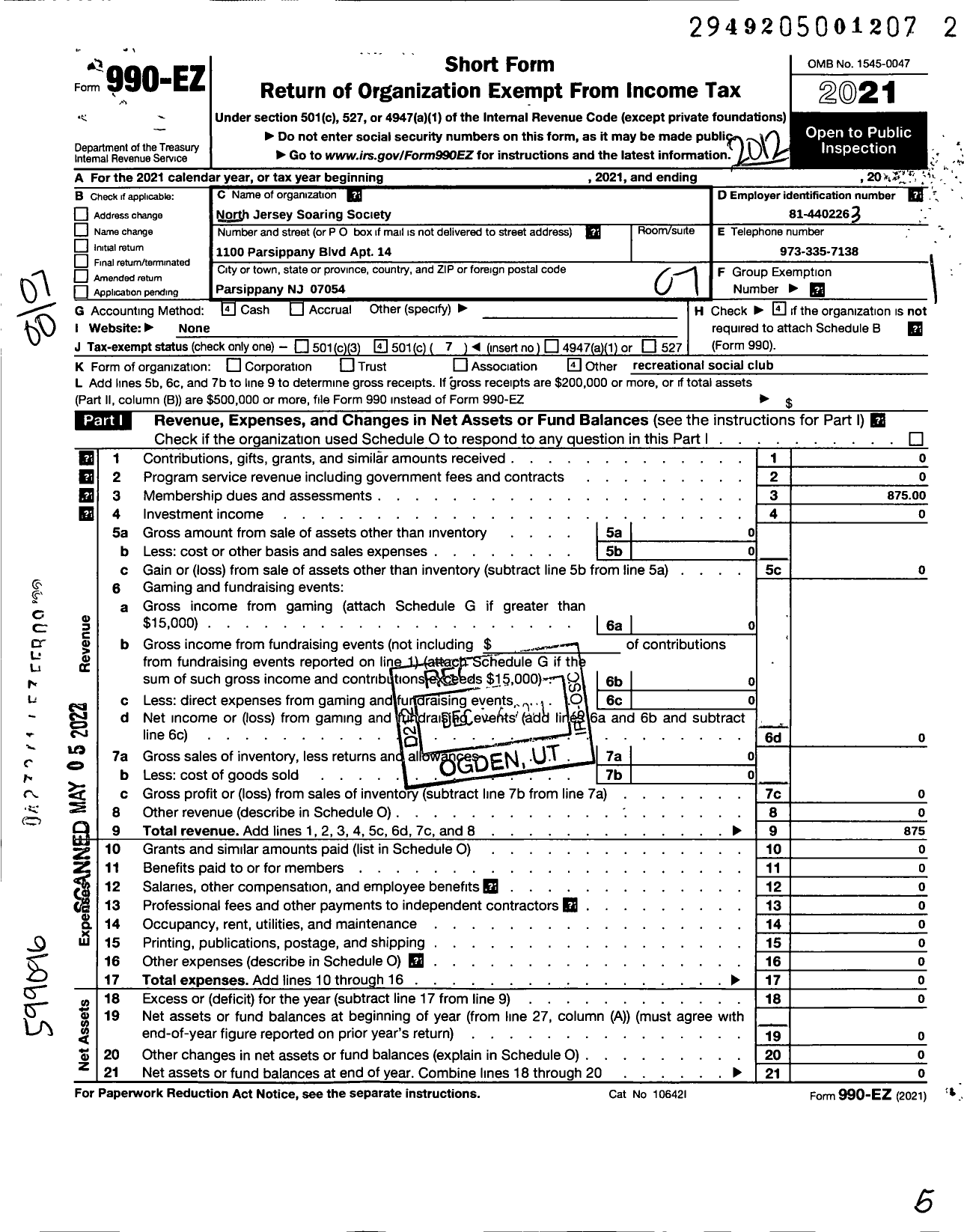 Image of first page of 2020 Form 990EO for North Jersey Soaring Society