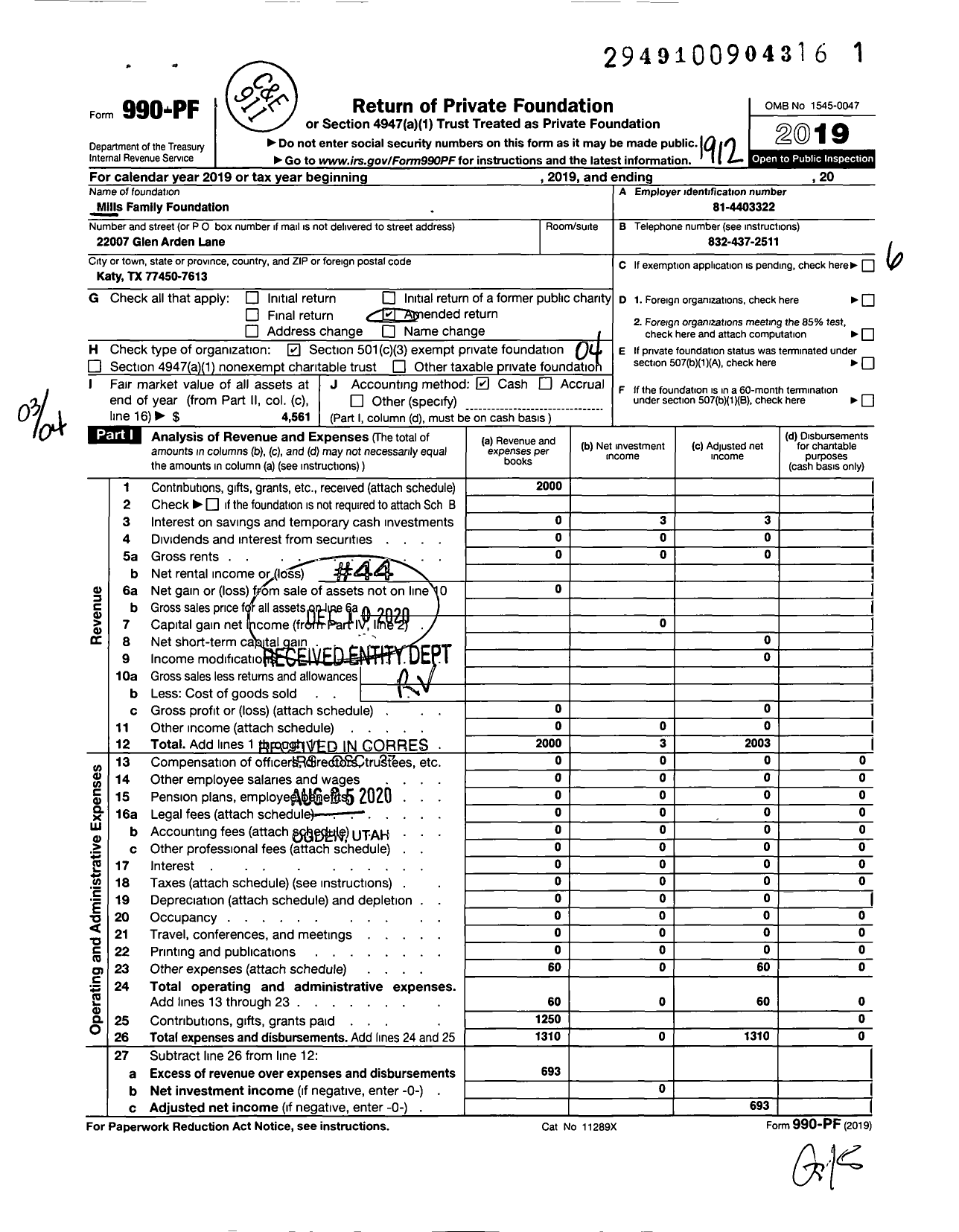 Image of first page of 2019 Form 990PF for Mills Family Foundation