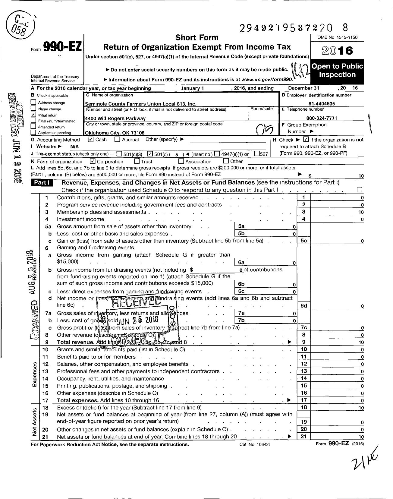 Image of first page of 2016 Form 990EO for Farmers Educational and Cooperative Union of America - 613 Seminole County Farmers Union