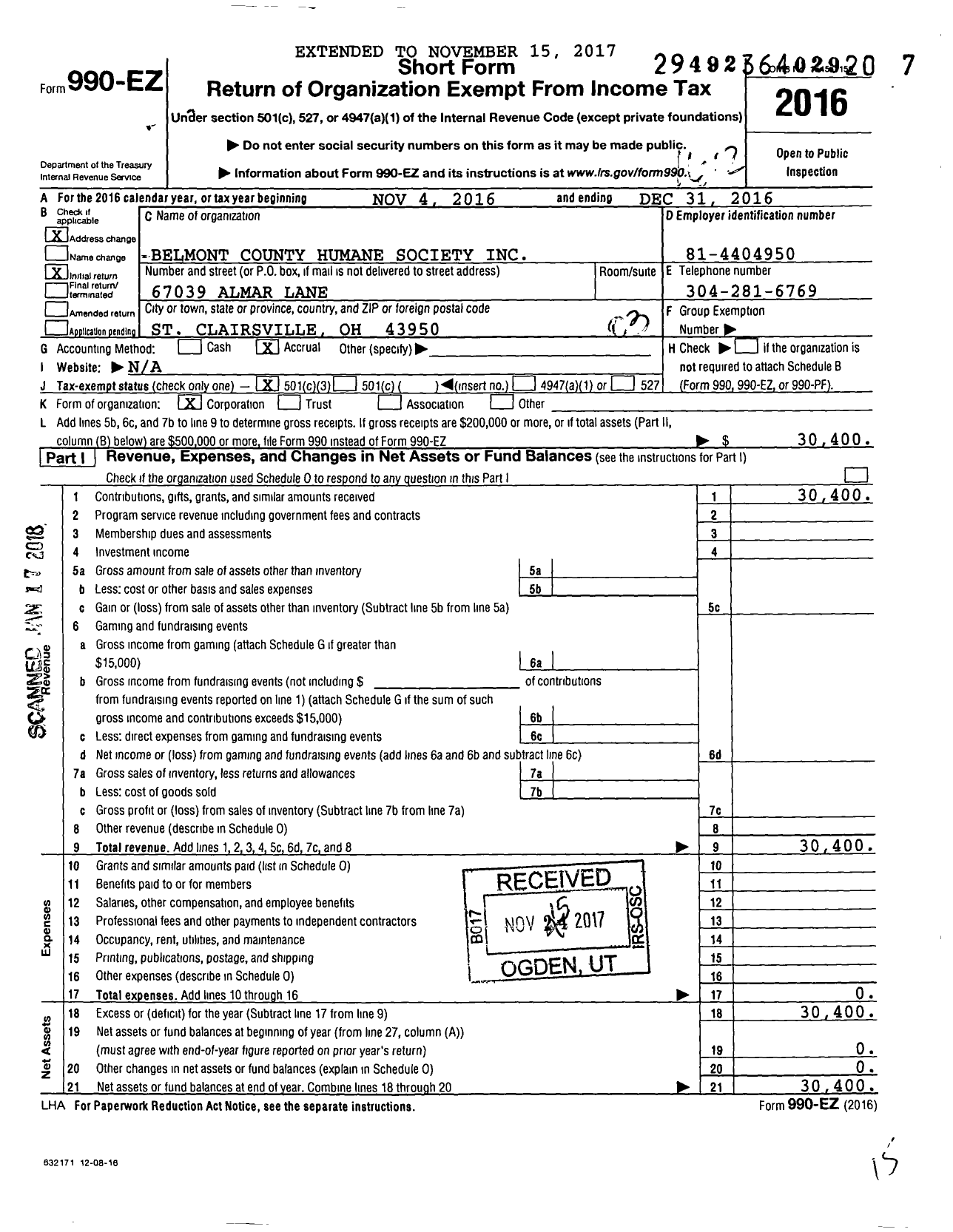 Image of first page of 2016 Form 990EZ for Belmont County Humane Society