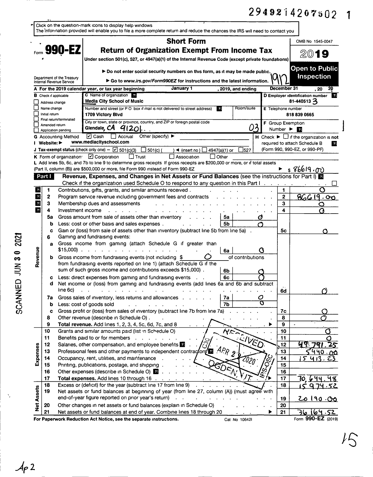 Image of first page of 2019 Form 990EZ for Media City School of Music