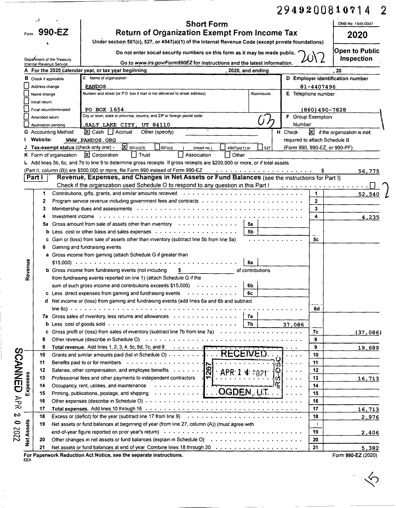 Image of first page of 2020 Form 990EZ for Pandos