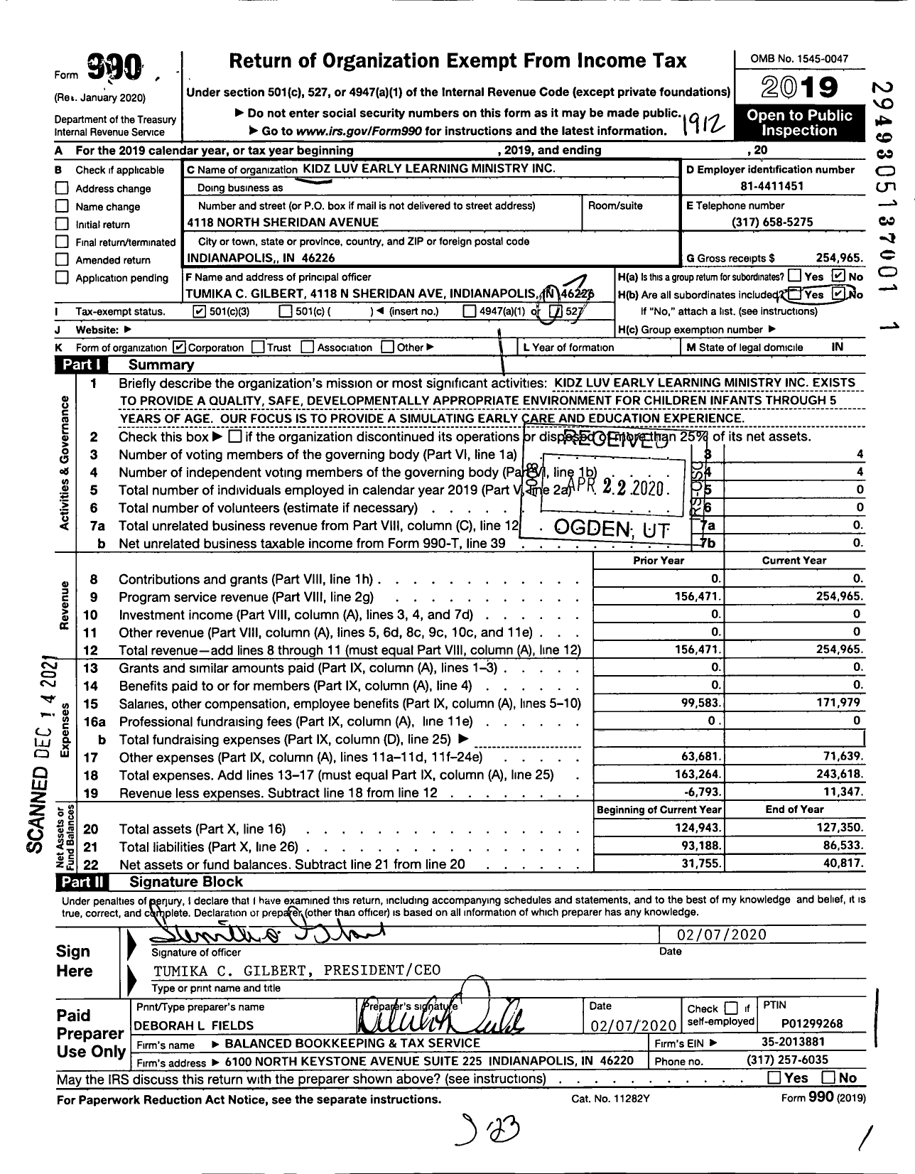 Image of first page of 2019 Form 990 for Kidz Luv Early Learning Ministry