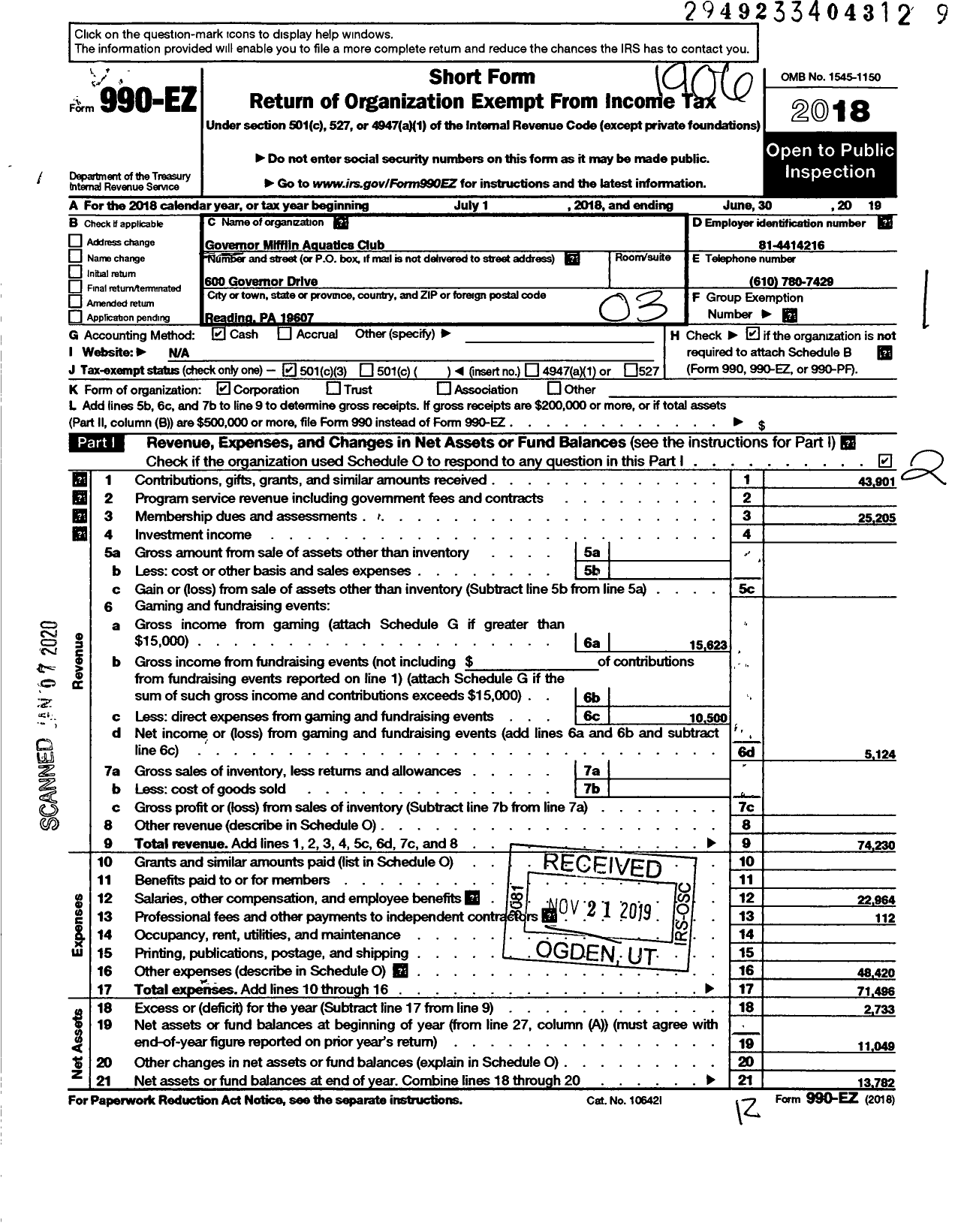 Image of first page of 2018 Form 990EZ for Governor Mifflin Aquatics Club