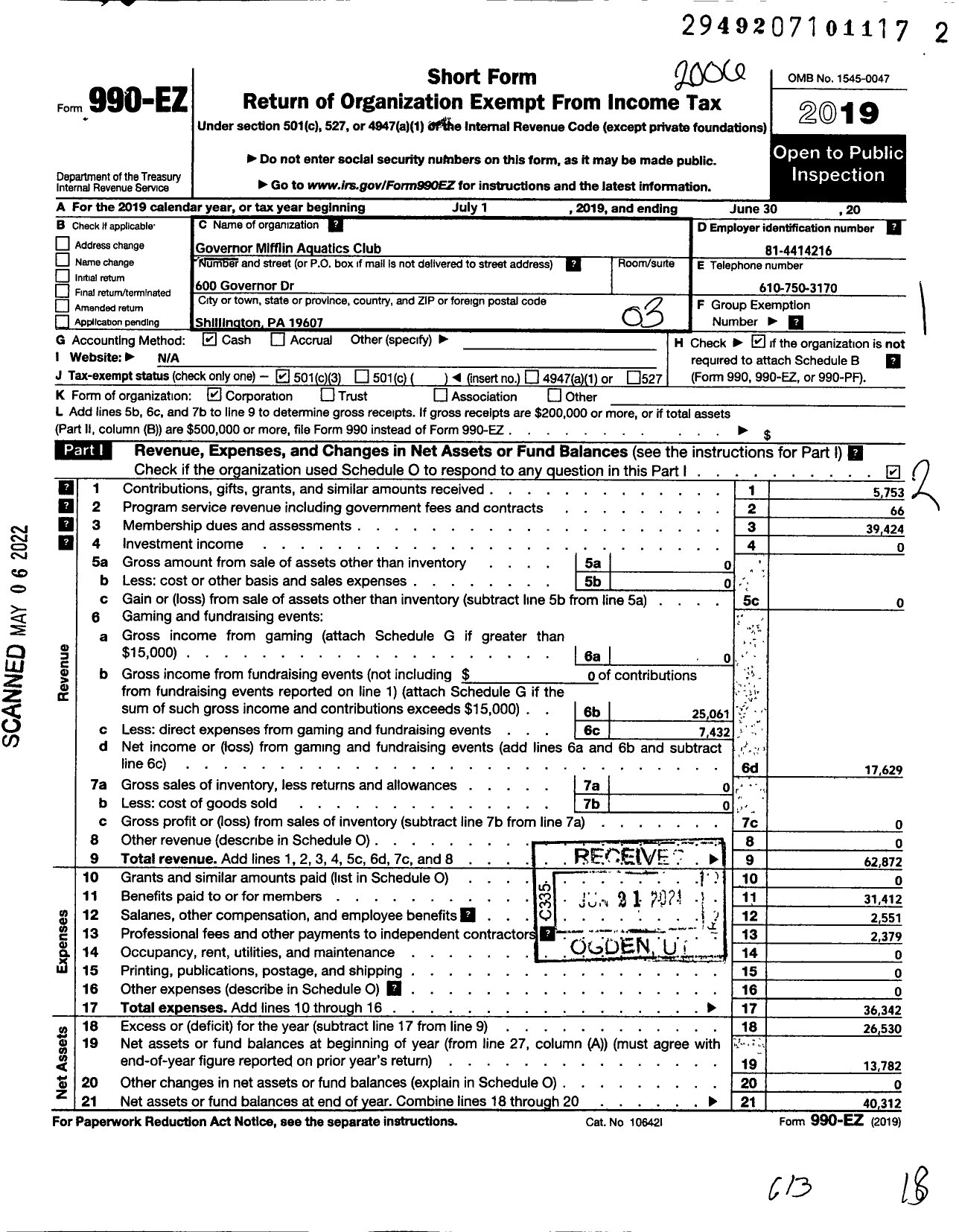 Image of first page of 2019 Form 990EZ for Governor Mifflin Aquatics Club