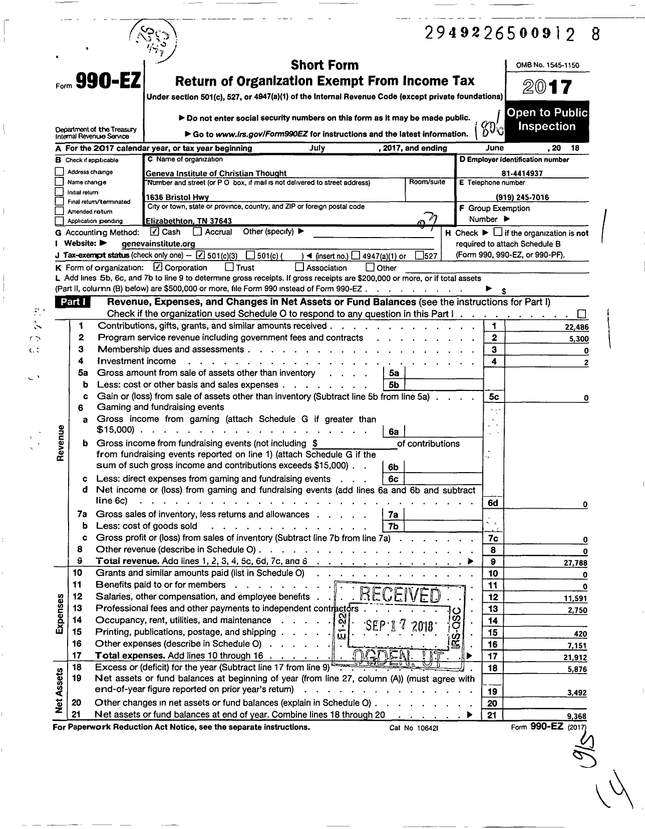 Image of first page of 2017 Form 990EZ for Geneva Institute of Christian Thought