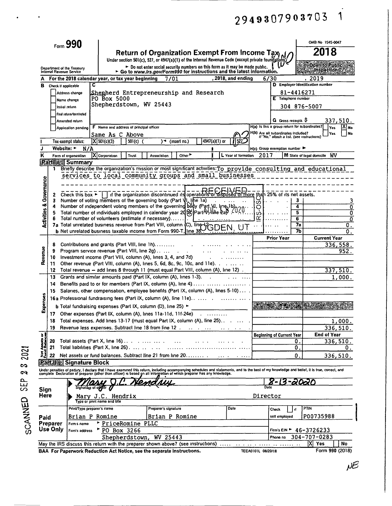 Image of first page of 2018 Form 990 for Shepherd Entrepreneurship and Research