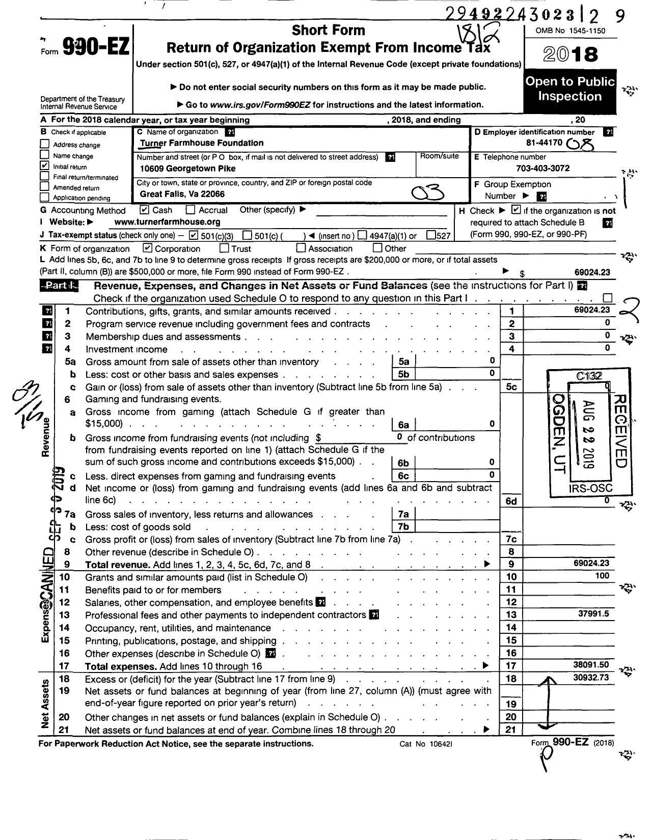 Image of first page of 2018 Form 990EZ for Turner Farmhouse Foundation