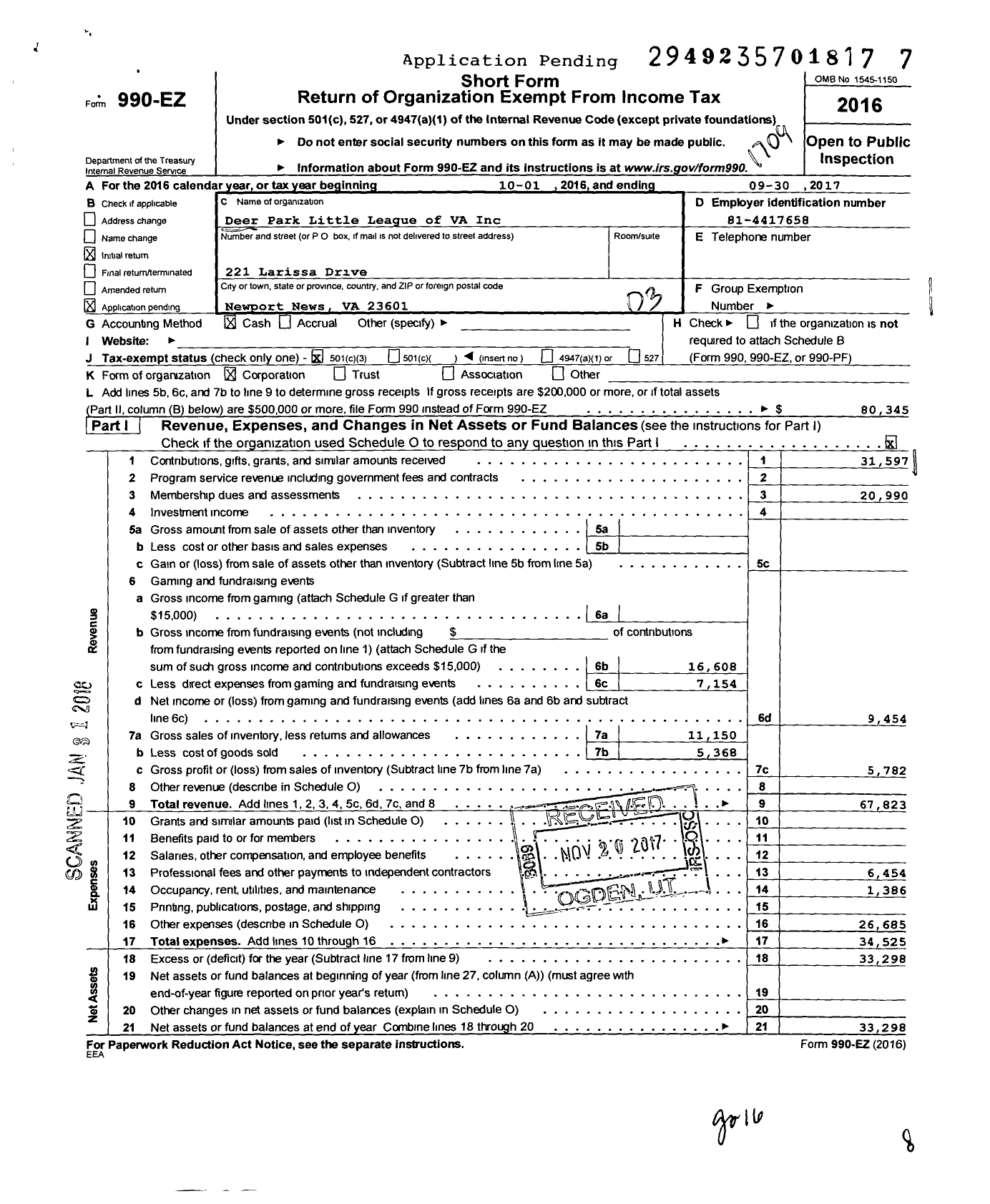 Image of first page of 2016 Form 990EZ for Deer Park Little League of VA