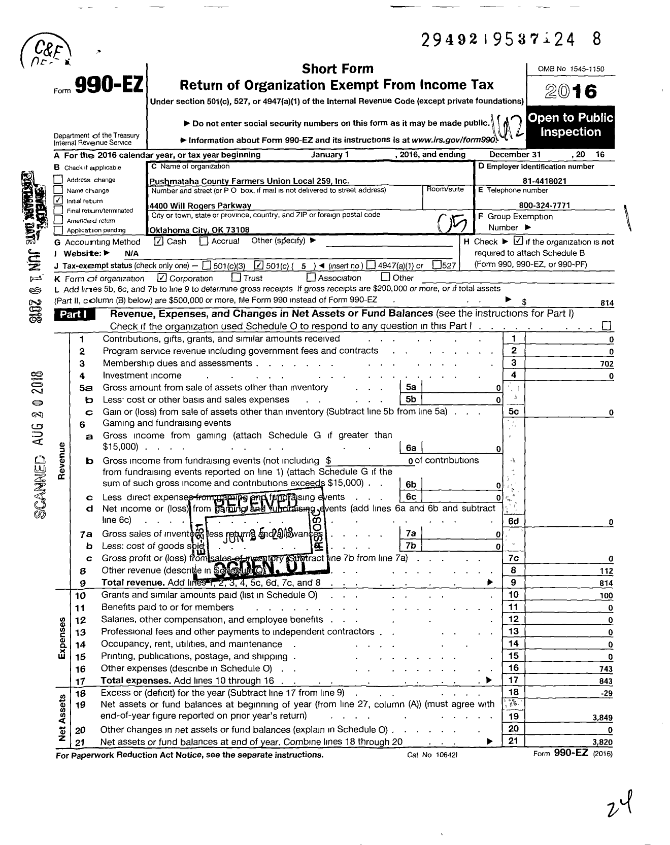 Image of first page of 2016 Form 990EO for Farmers Educational and Cooperative Union of America - 259 Pushmataha County Farmers Union